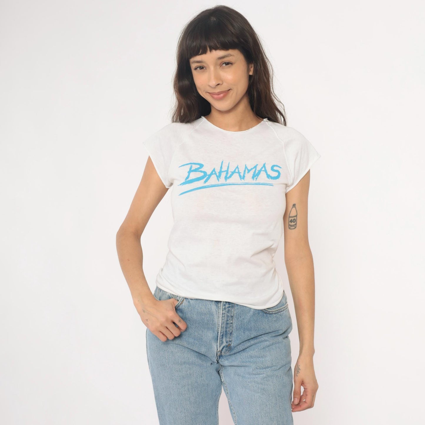 80s Bahamas White Graphic T-Shirt Cotton Crew Neck Cap Sleeve Extra Small XS