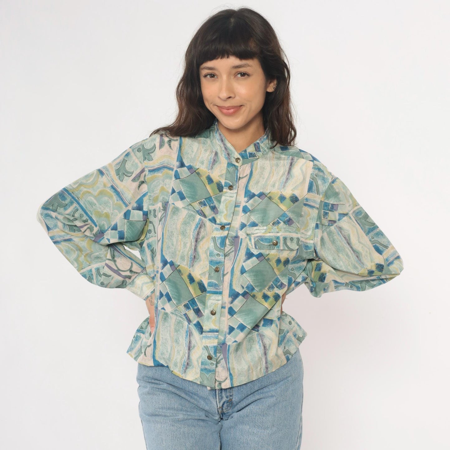90s Silk Blouse Abstract Geometric Print Blue Green Cream Button Front Medium M