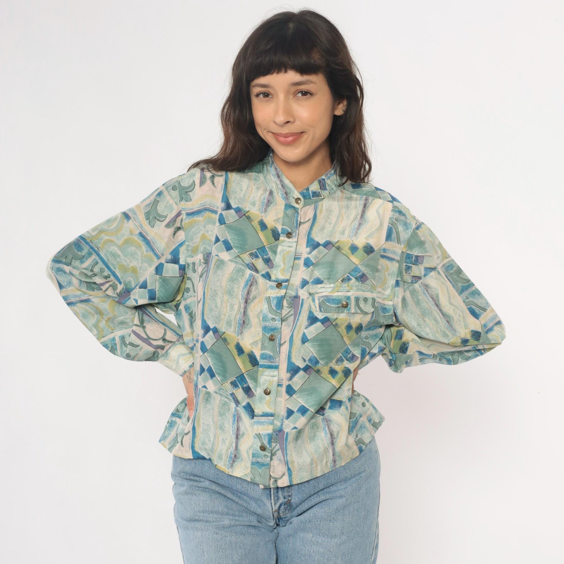 90s Silk Blouse Abstract Geometric Print Blue Green Cream Button Front Medium M