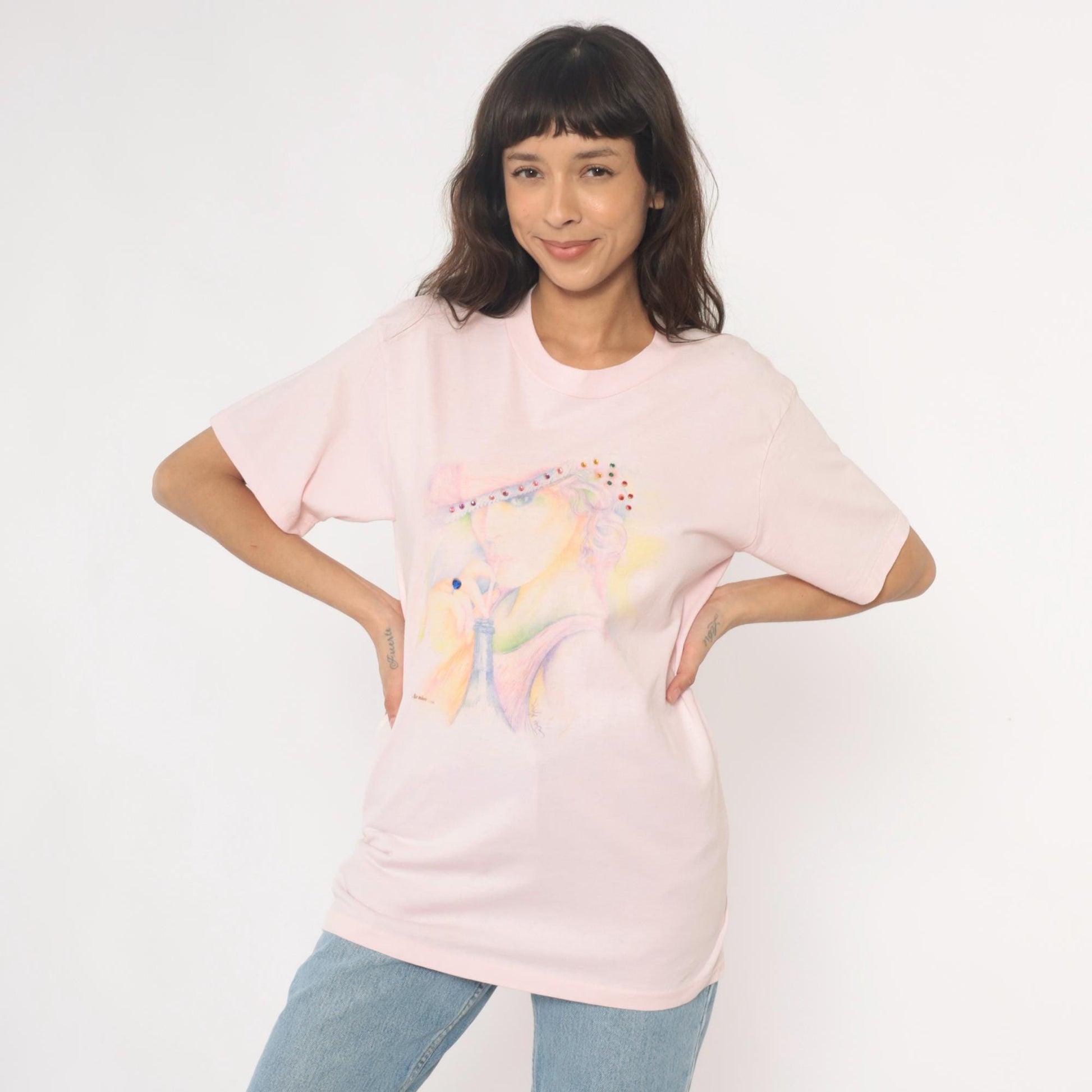 90s Oneita Pink Rhinestone Hat Lady Graphic Tee Large L