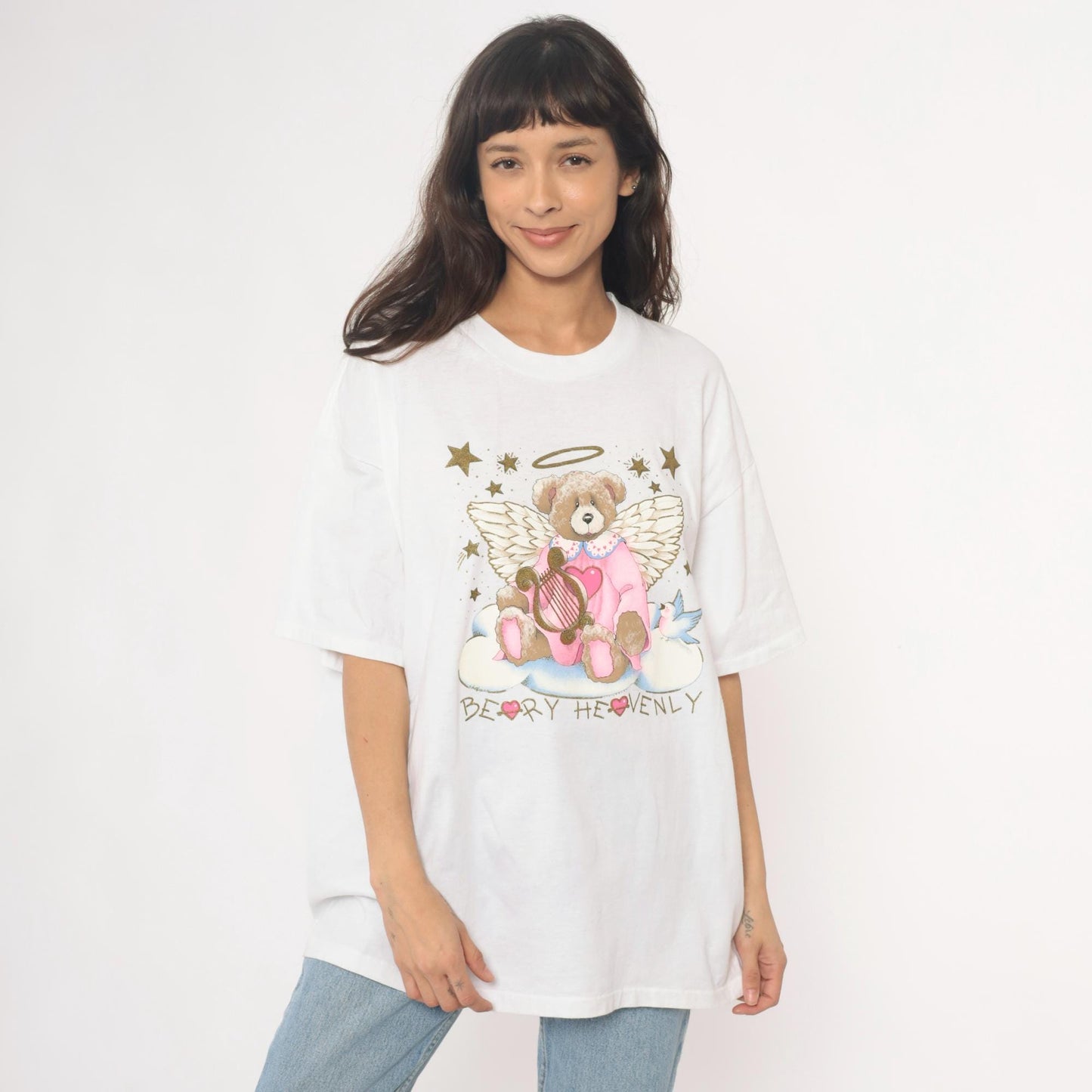 90s Oneita Beary Heavenly Angel Teddy Bear Graphic Tee White Plus Size XXL