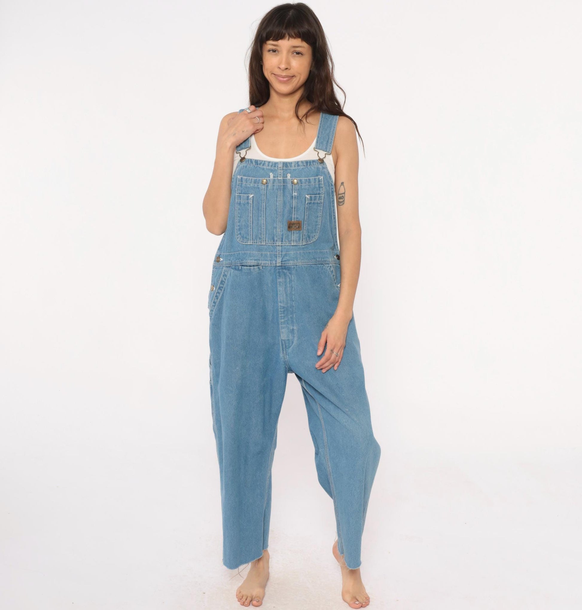 Y2K Big Smith Light Wash Denim Overalls Wide Leg Frayed Hem Medium