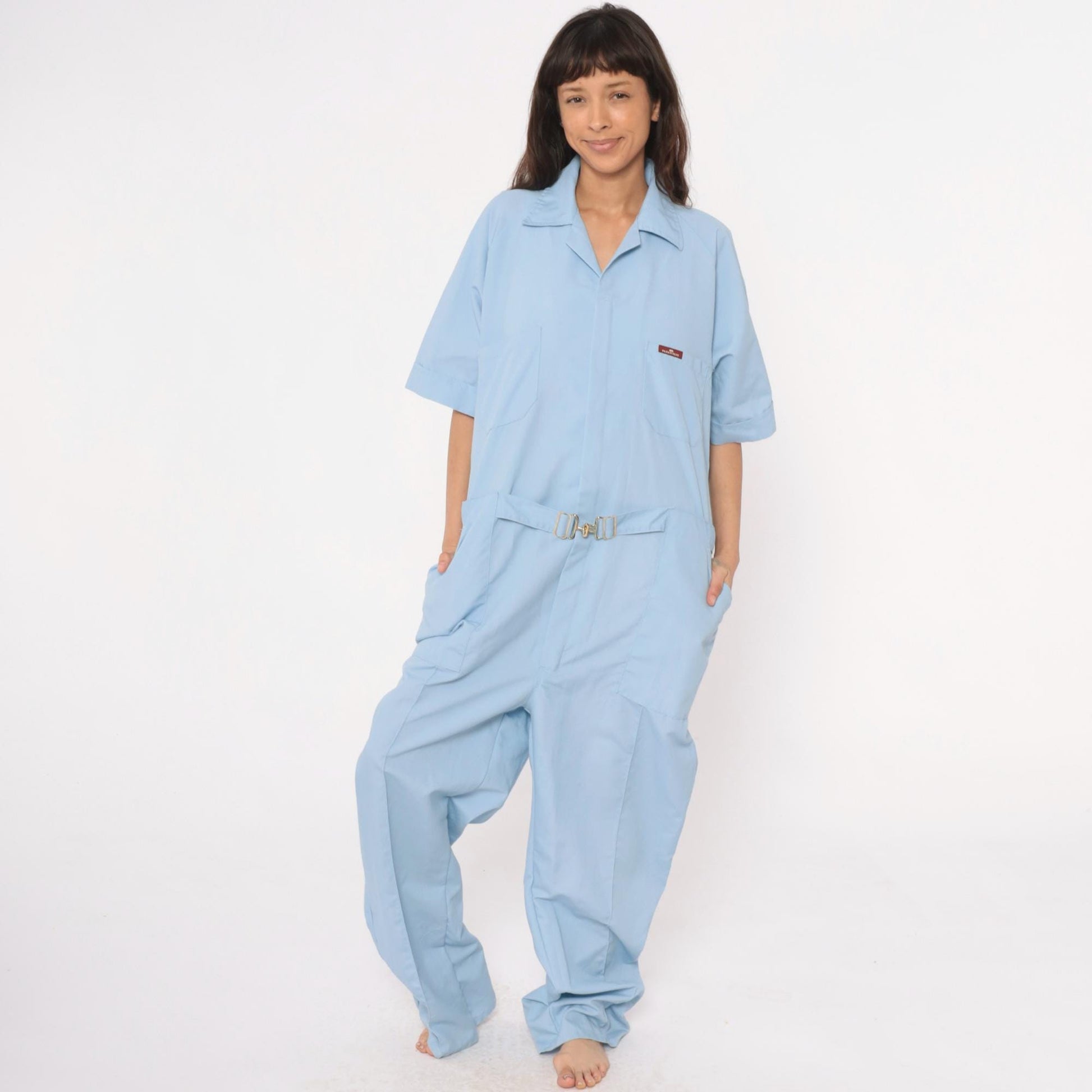 Parasuit Light Blue Jumpsuit Utility Coverall Belted Collar Large