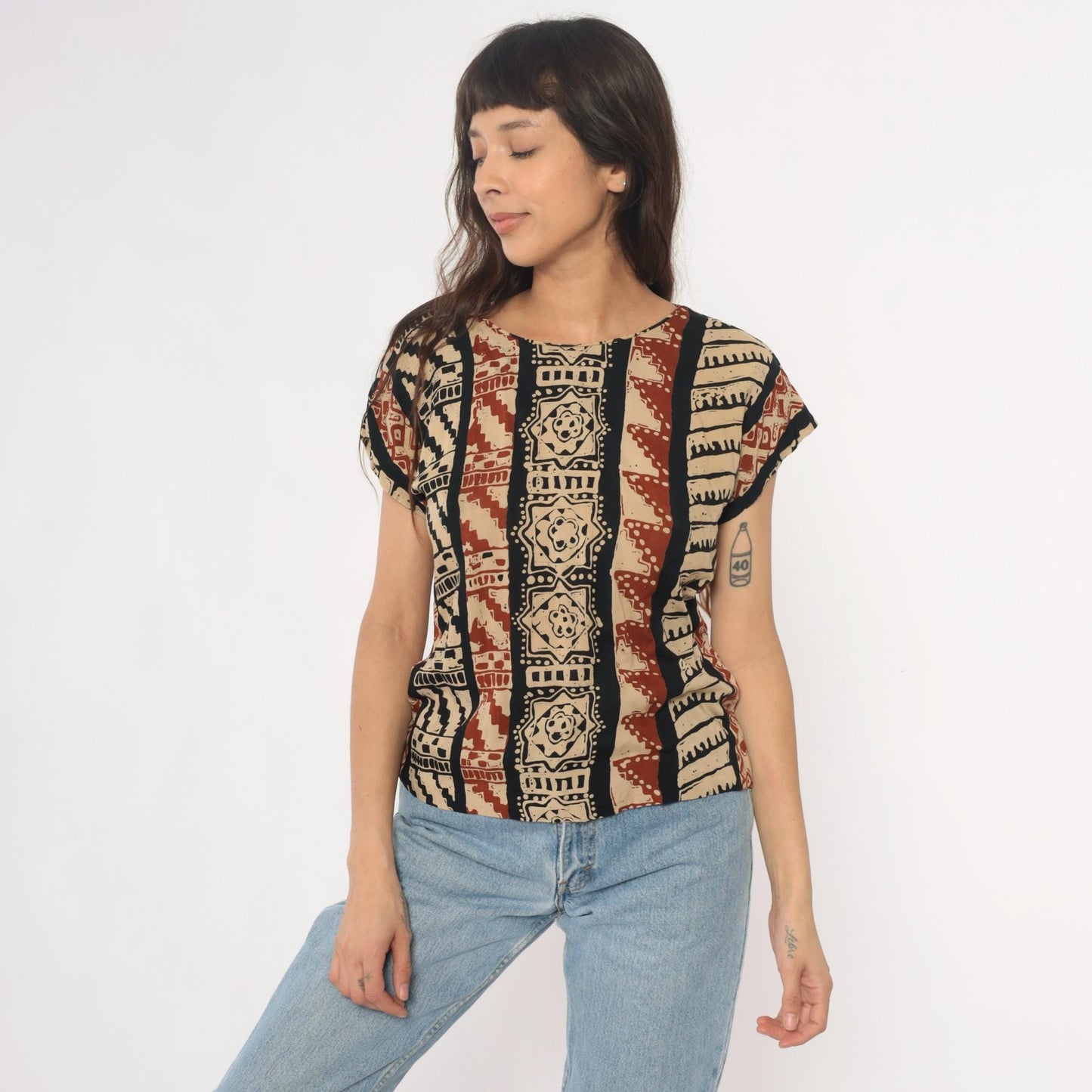 90s Lia G Petites Tribal Geometric Striped Blouse Beige Black Rust Medium