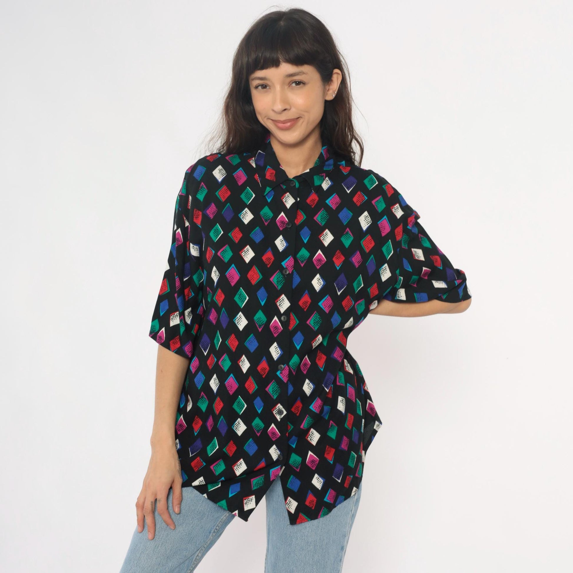 90s Black Harlequin Diamond Rayon Shirt Multicolor Button-Front Medium