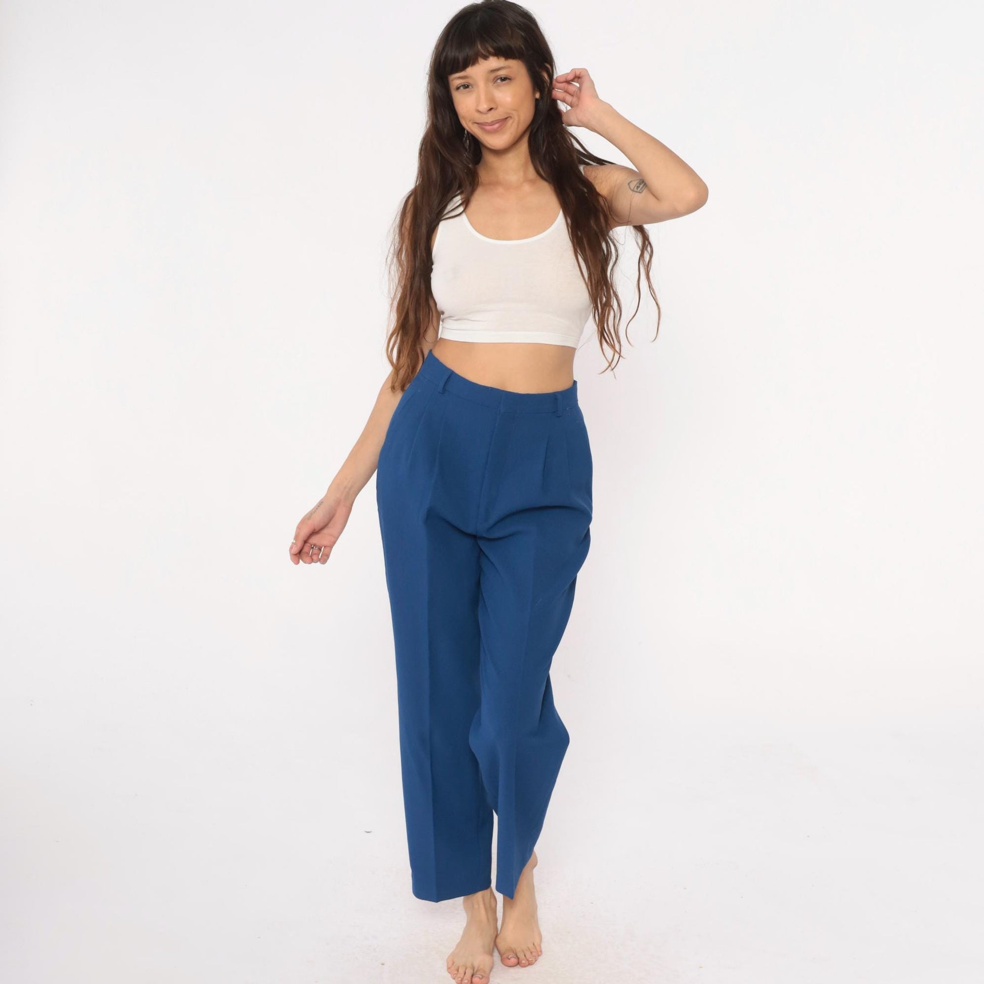 70s Haggar Navy Pleated High-Waist Trousers Ankle Length Medium