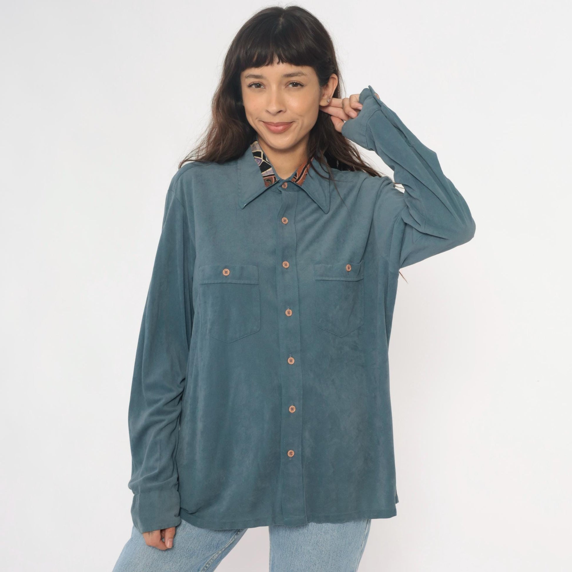70s Macys California Blue-Teal Safari Shirt Pointed Collar Chest Pockets Large