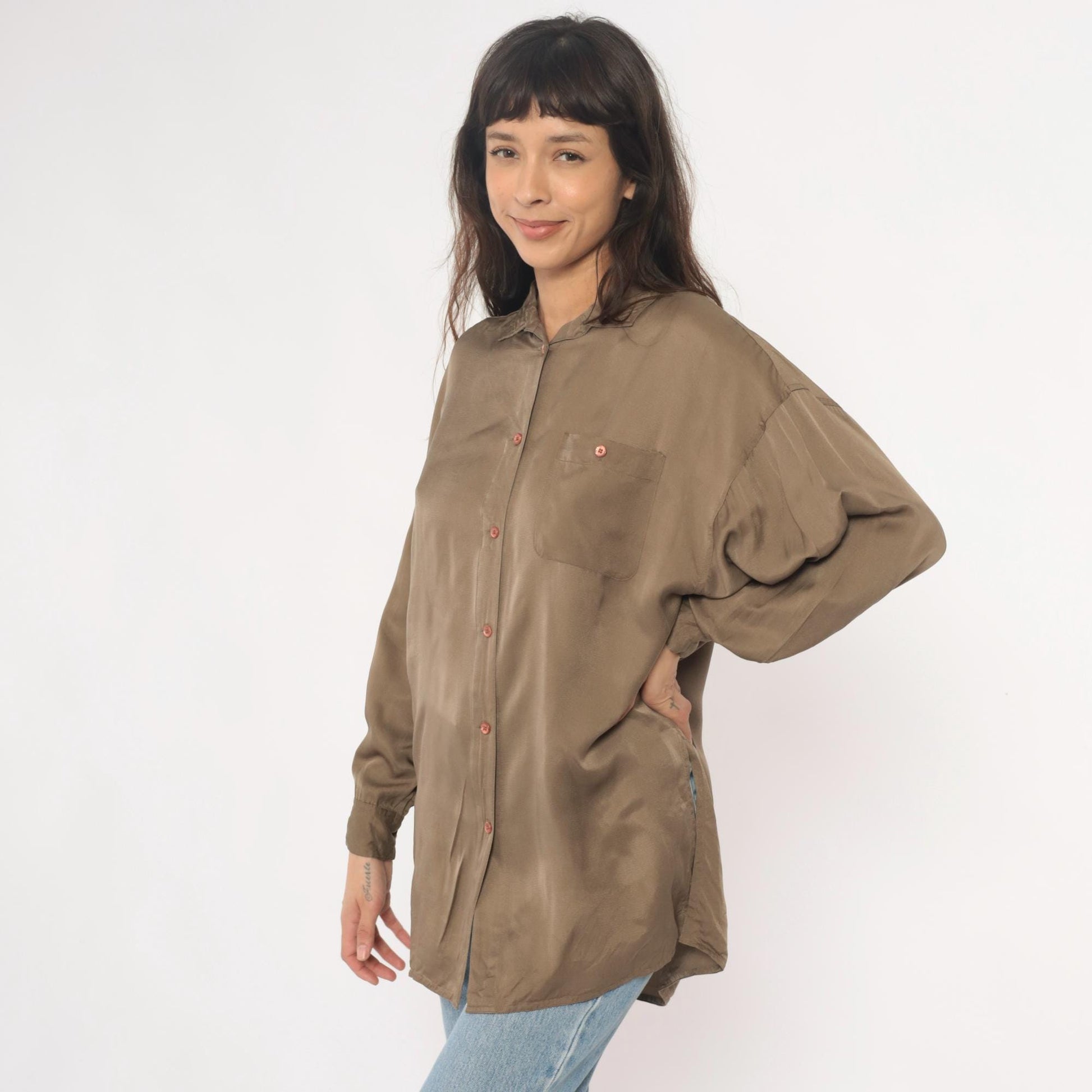 90s La Vogue Silk Button-Up Blouse Olive Chest Pocket Medium M