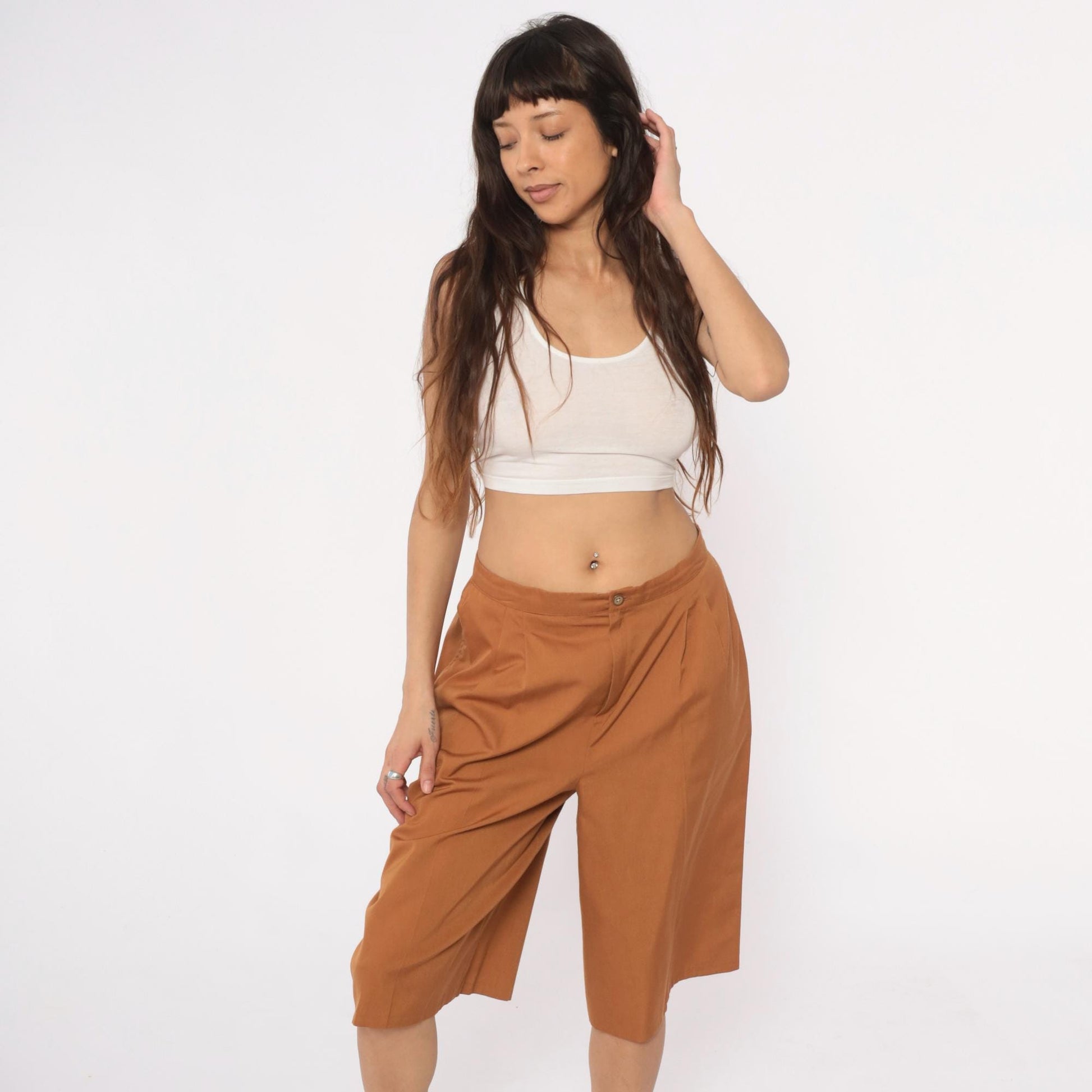 80s Camel Pleated High-Waist Shorts Tailored Wide Leg Medium