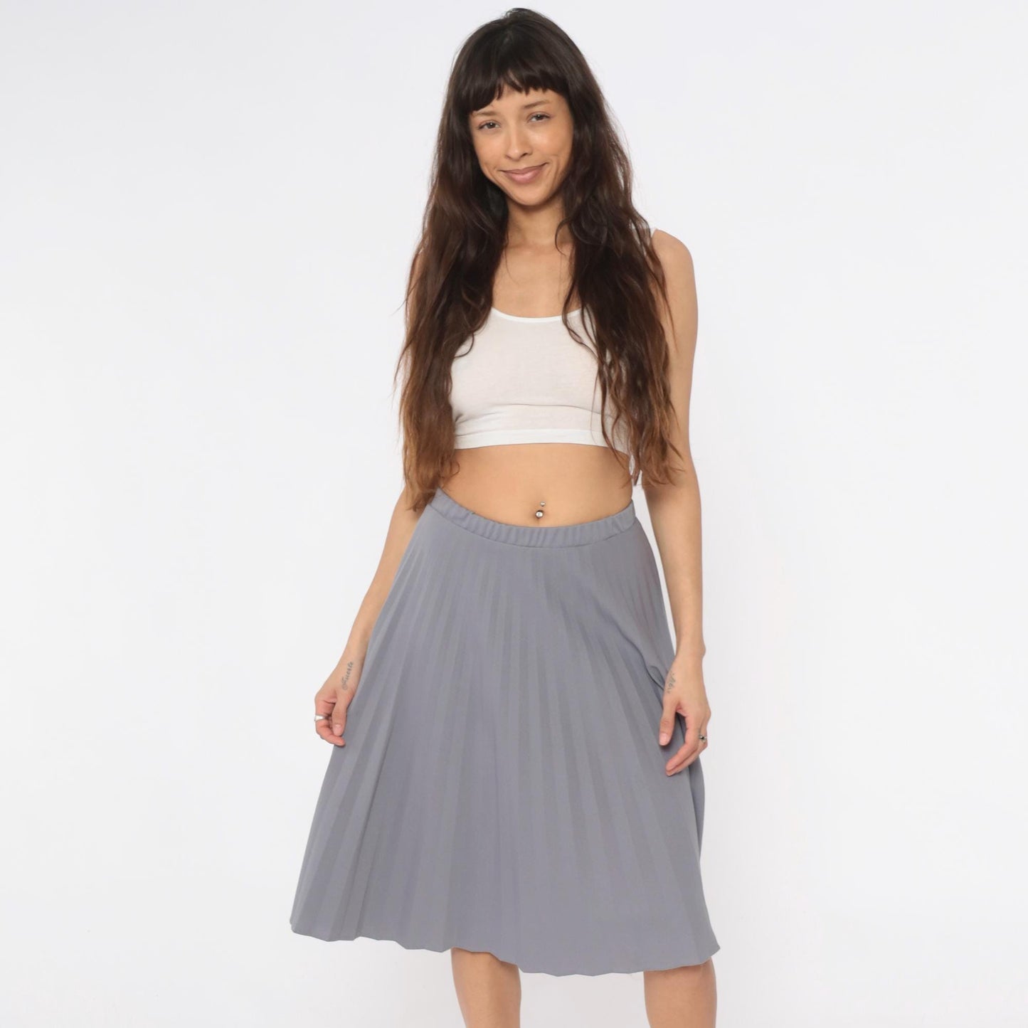 70s Grey Pleated Skirt Elastic Waist Knee-Length A-Line Medium