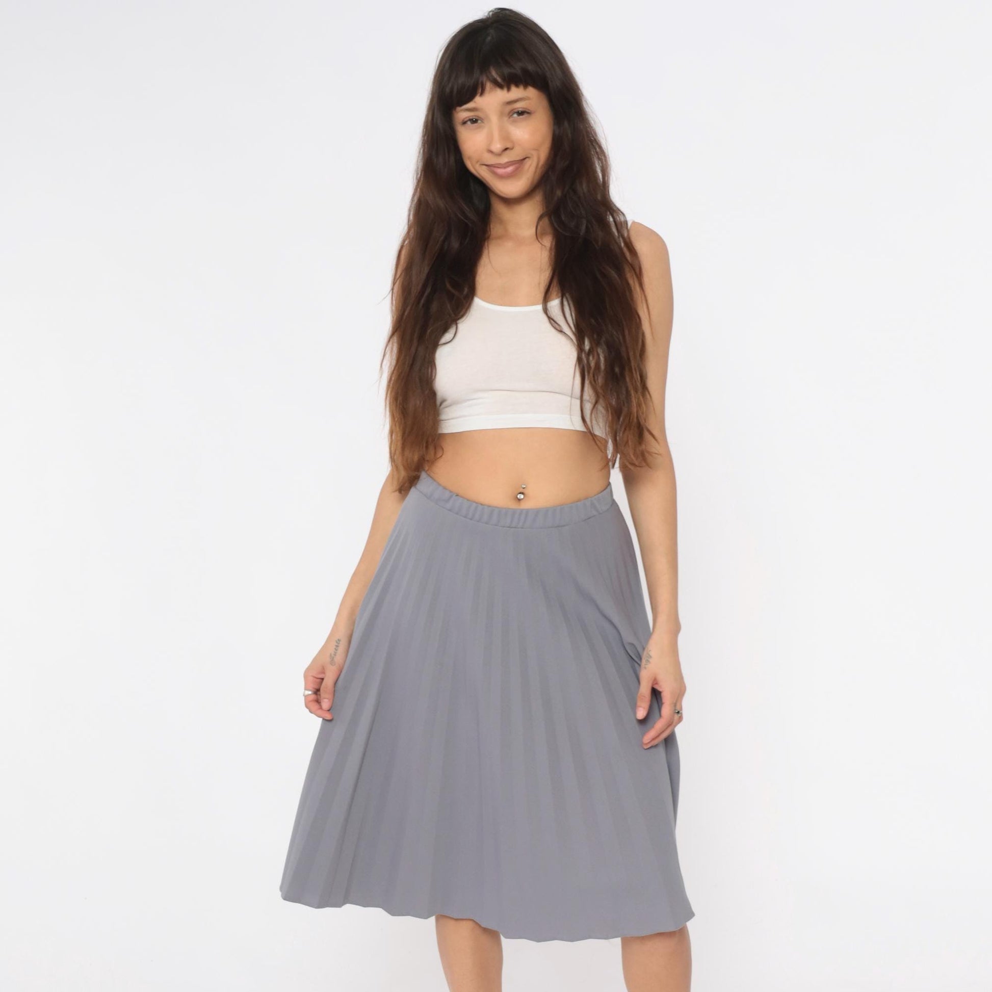 70s Grey Pleated Skirt Elastic Waist Knee-Length A-Line Medium