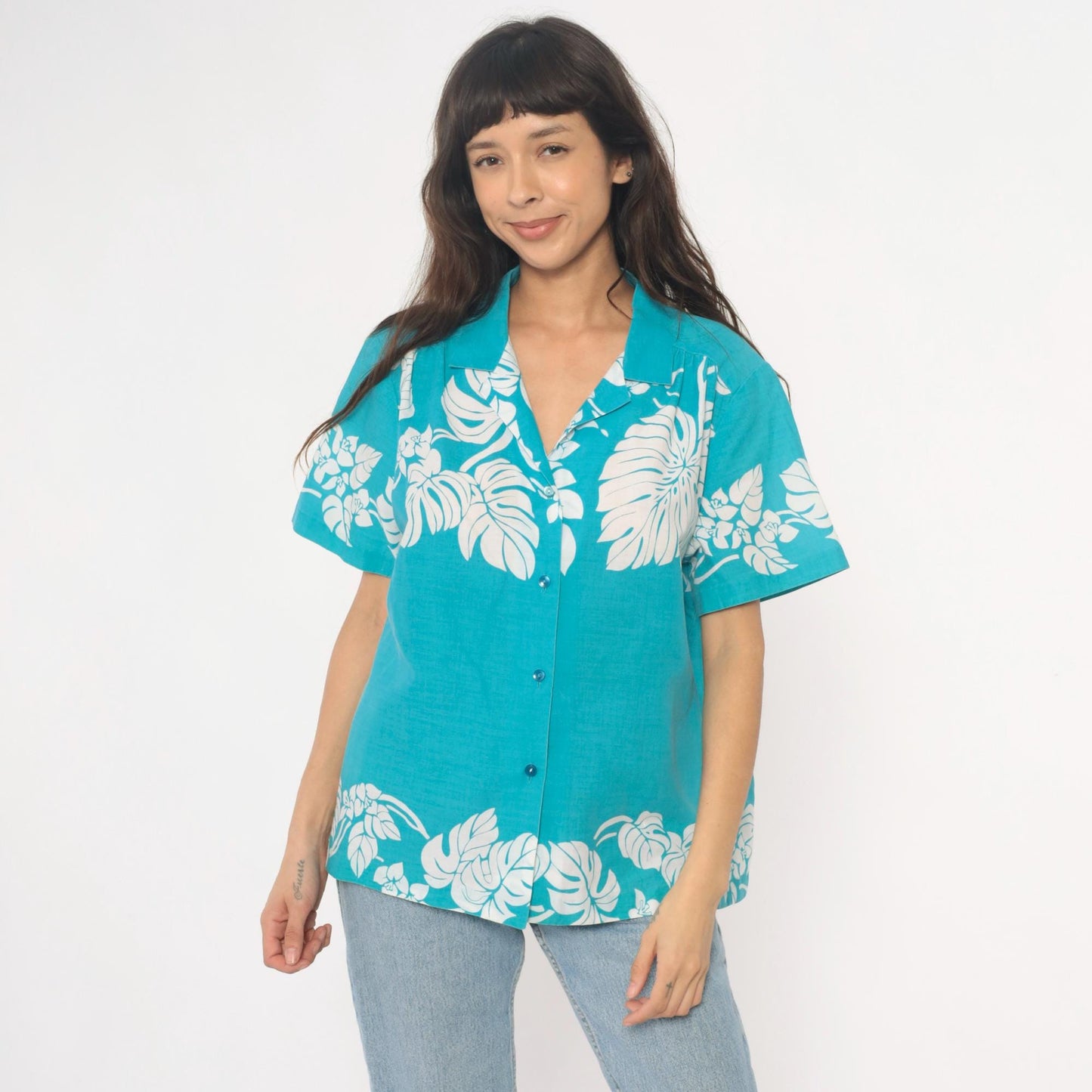 80s Hilo Hattie Hawaiian Shirt Turquoise Monstera Leaf Print Large