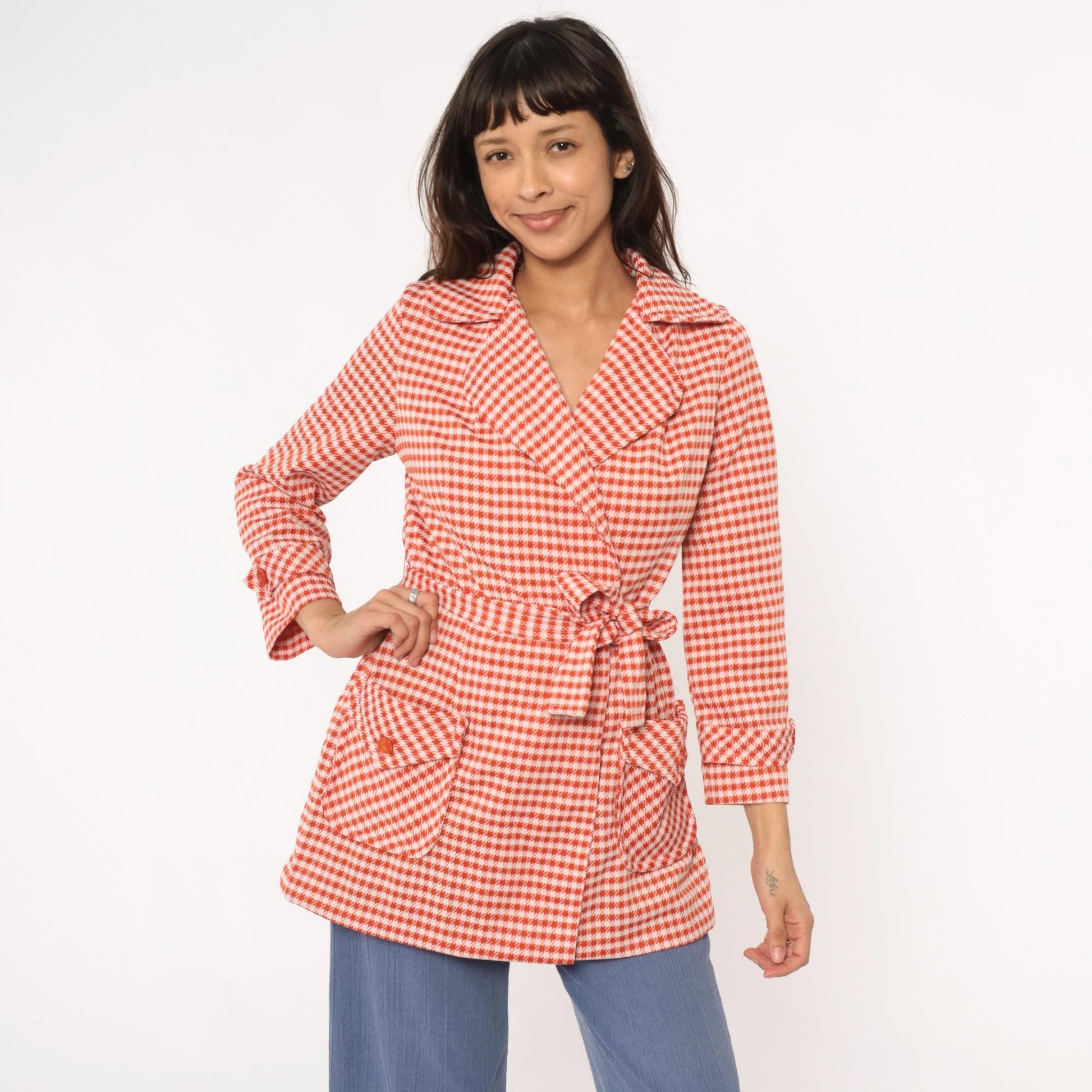 70s Houndstooth Wrap Jacket Red White Checkered Collared Blazer Medium