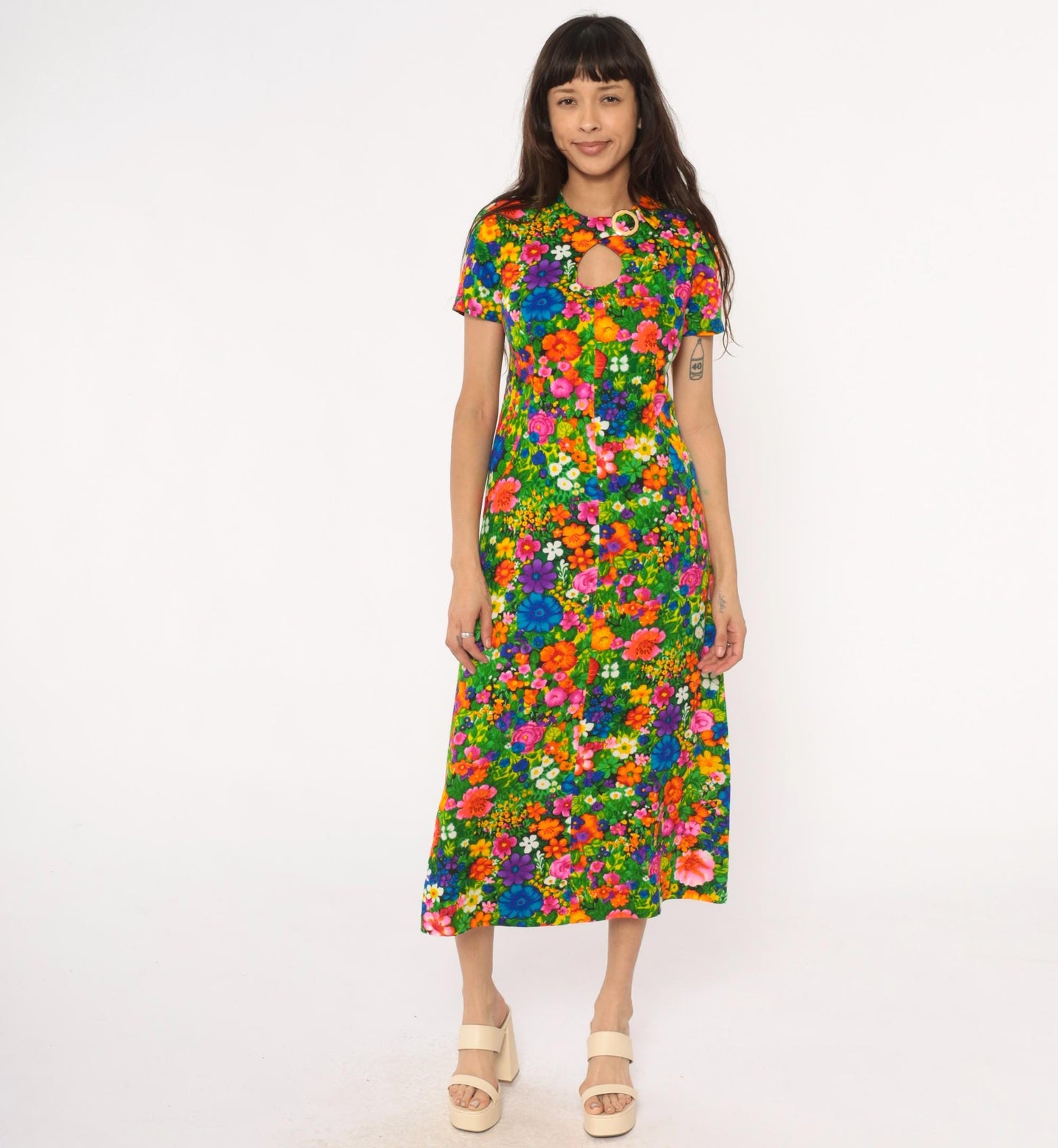70s Floral Maxi Dress Keyhole Neckline Short Sleeve Cotton Rainbow Small