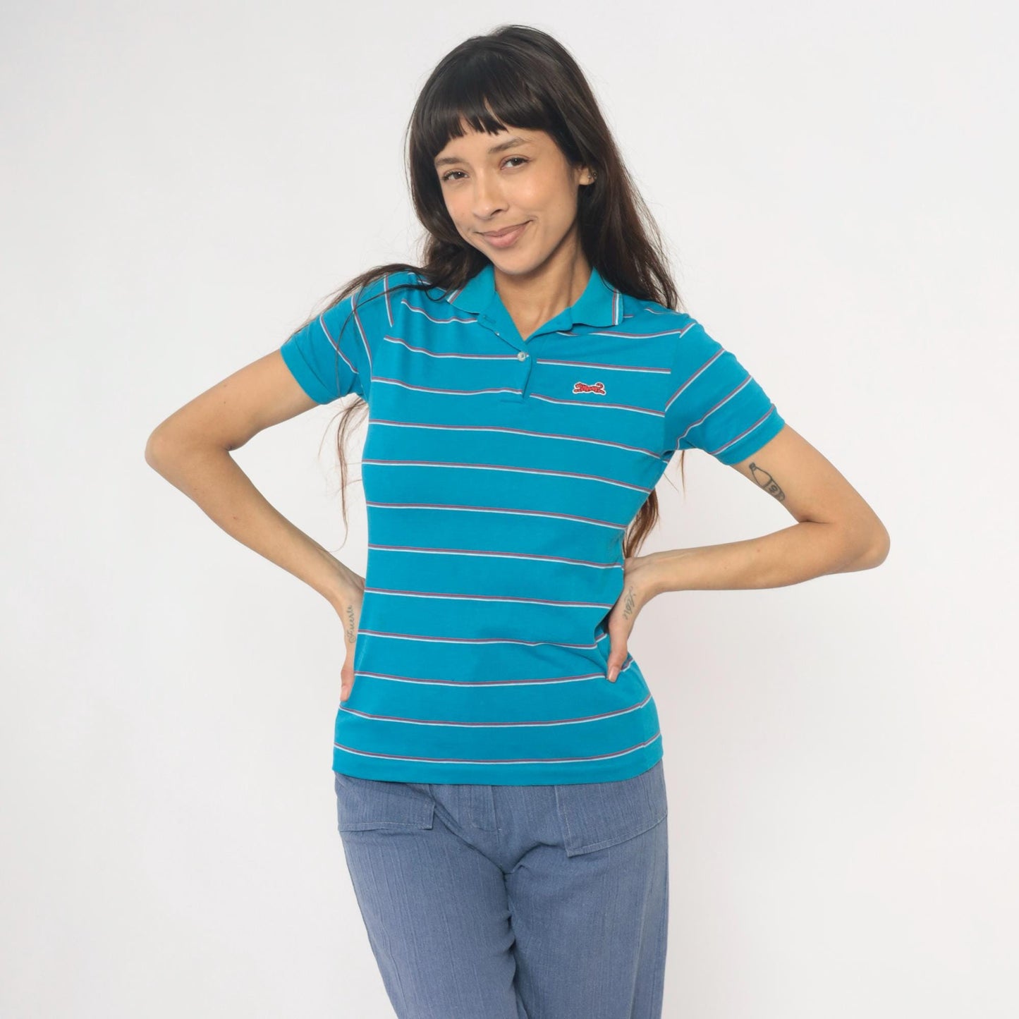 90s Le Tigre Polo Striped Blue Red White Horizontal Collared Shirt Extra Large XL