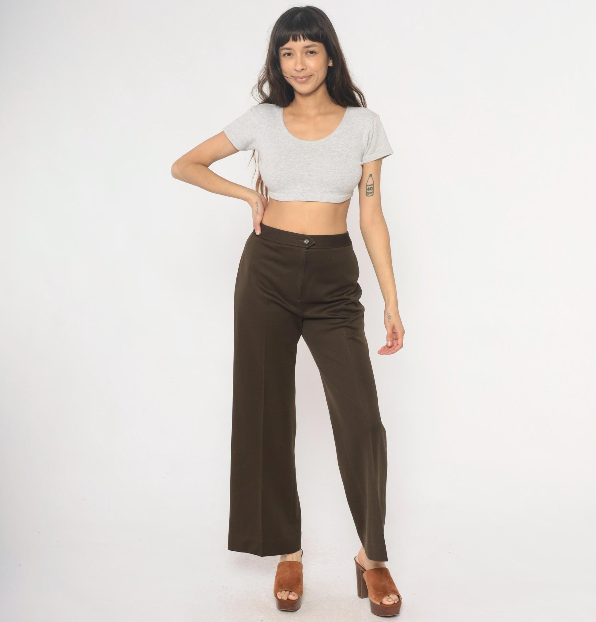 70s High Waisted Brown Straight Leg Trousers Flat Front Medium