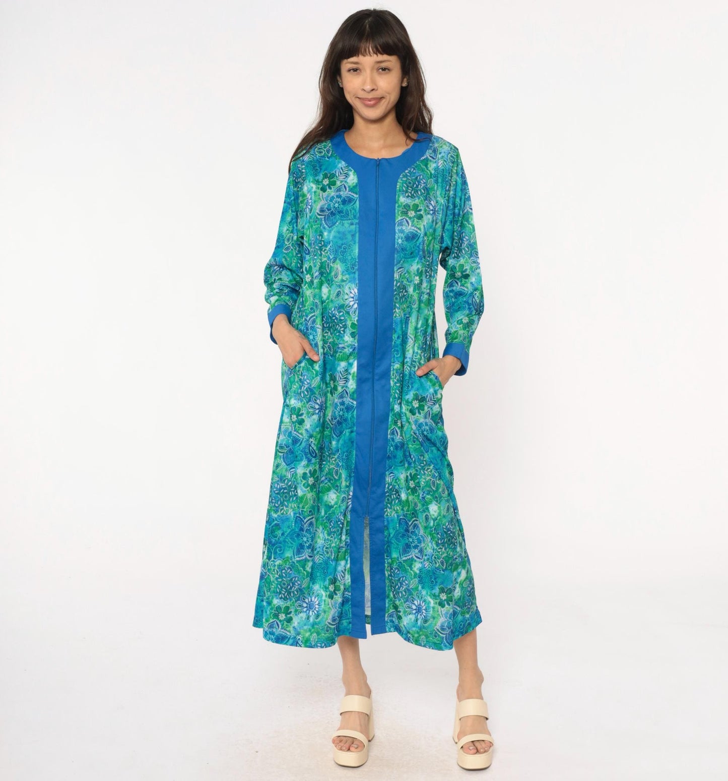 90s Botanical Print Maxi Robe Blue Green Zip Front Long Sleeve Medium M