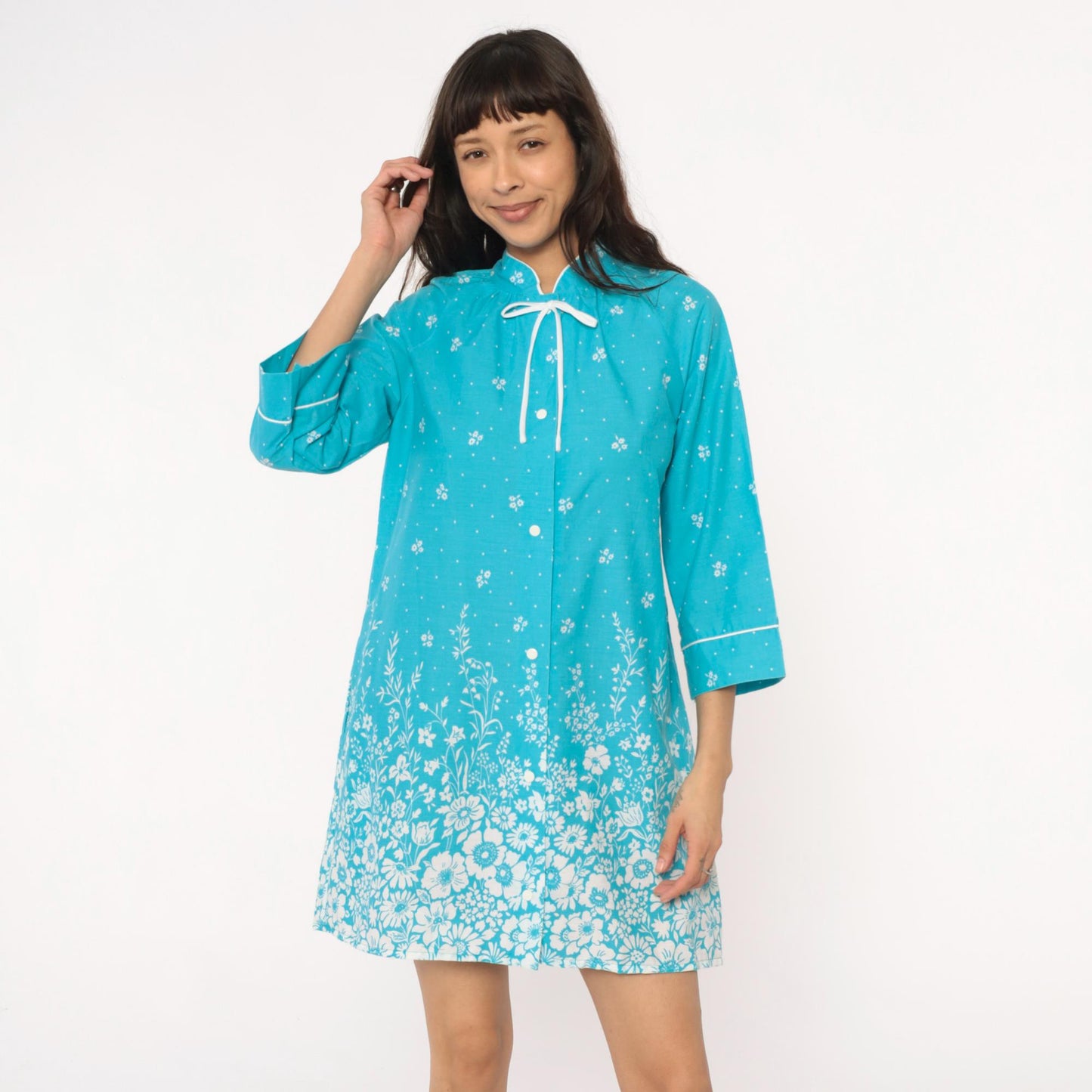 80s Dan Ellen Turquoise Floral Shift Dress Mandarin Collar Small