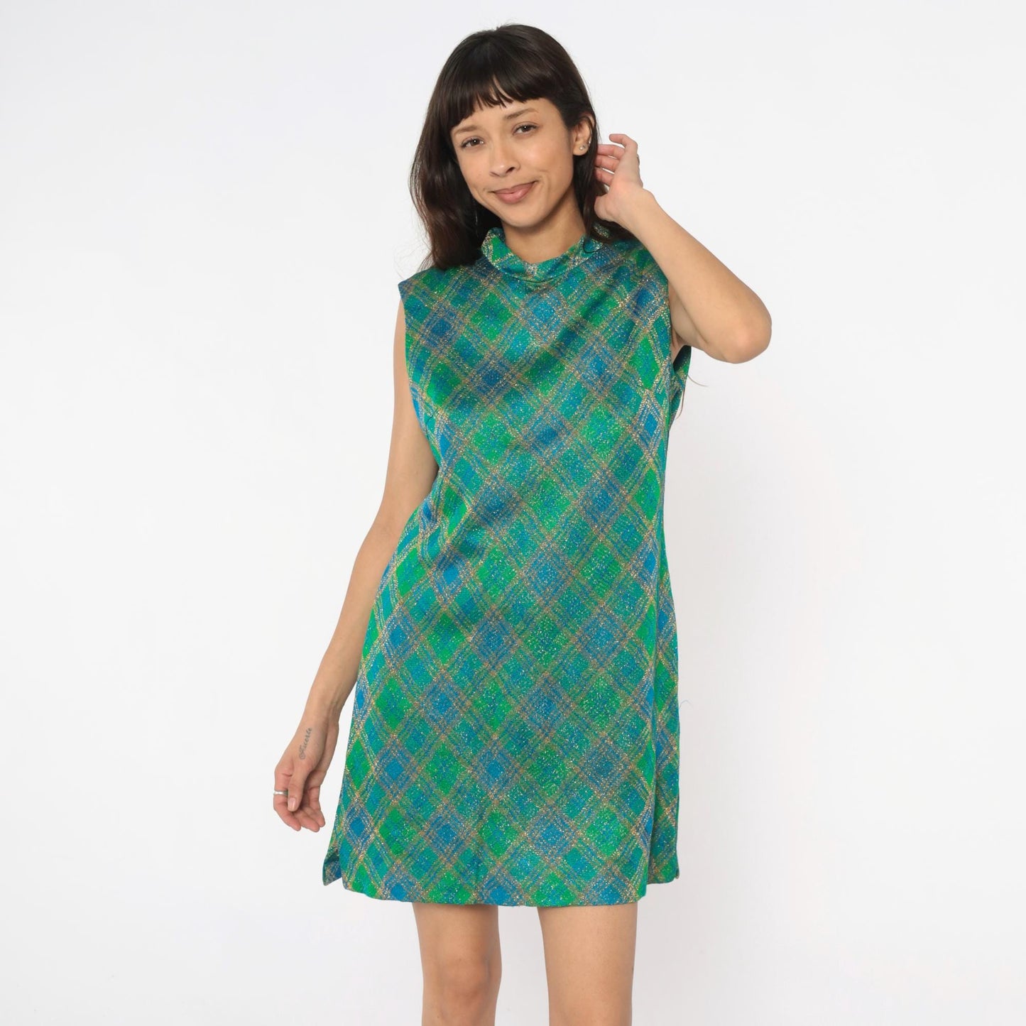 60s Metallic Plaid Shift Dress Blue Green Gold Mock Neck Mini Large L