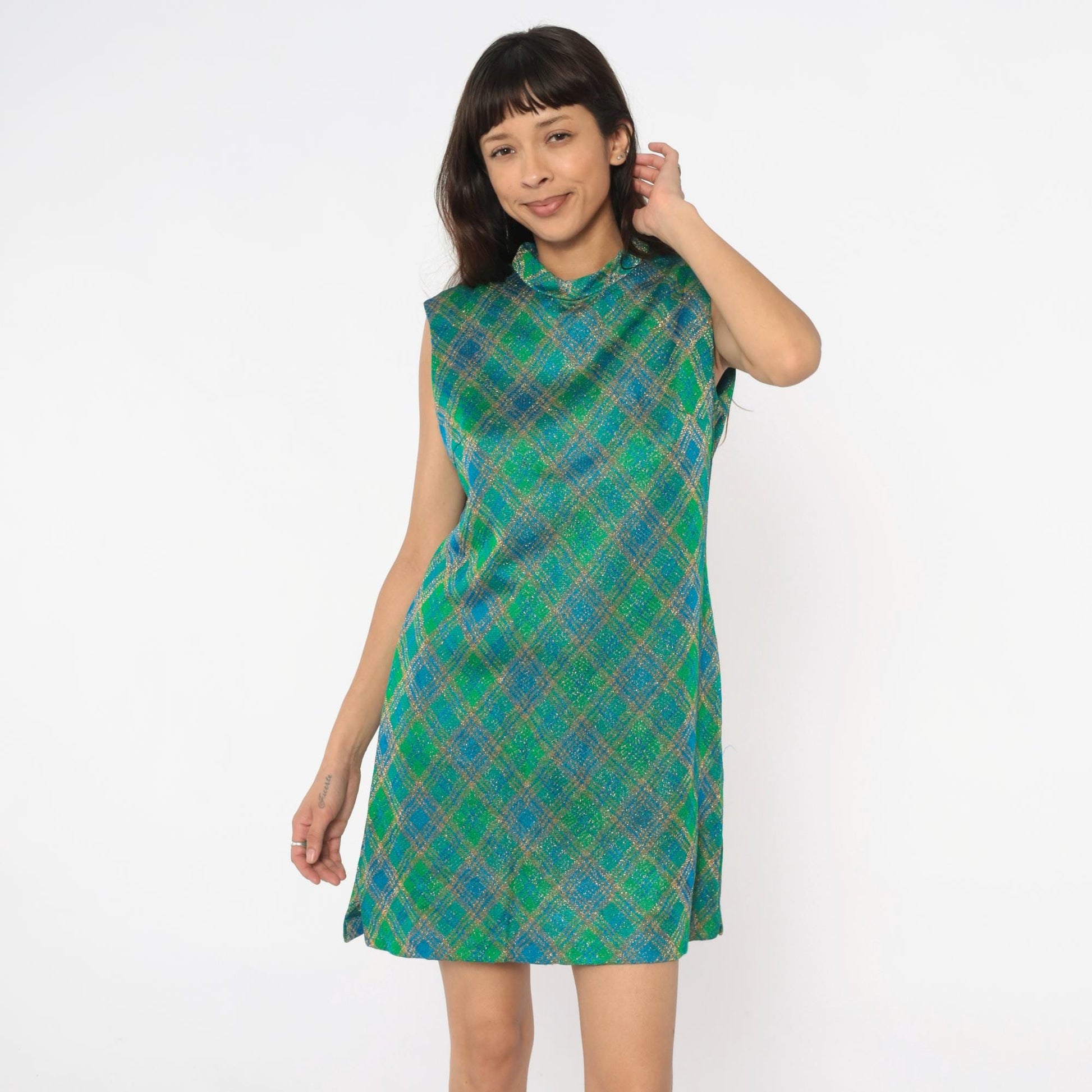 60s Metallic Plaid Shift Dress Blue Green Gold Mock Neck Mini Large L