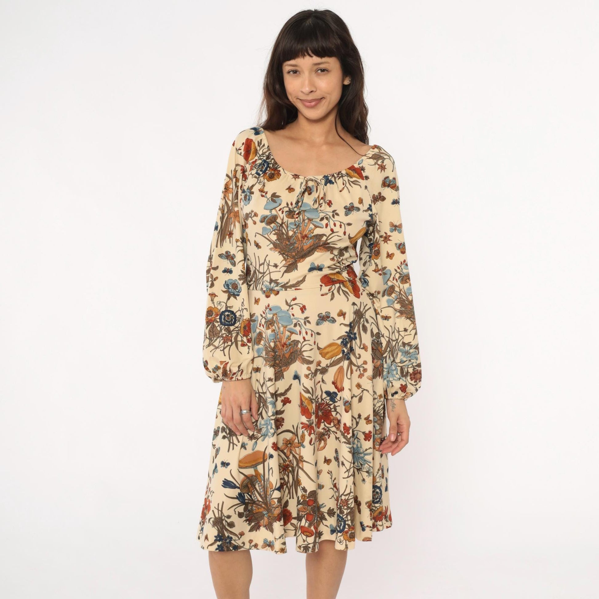 70s Mushroom Butterfly Floral Dress Cream Drawstring Peasant Small