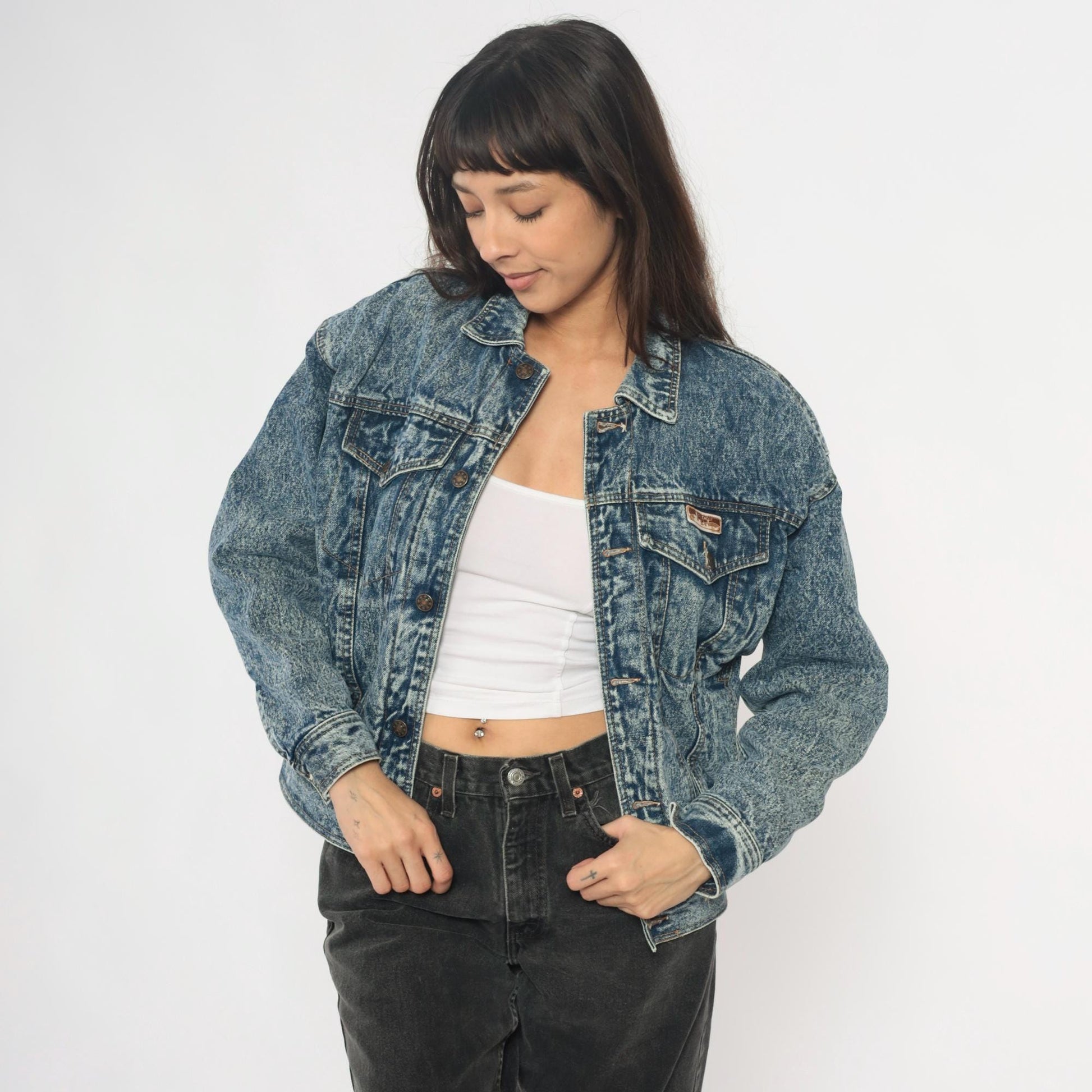 90s Blue Eagle Acid Wash Denim Jacket Cropped Trucker Small S
