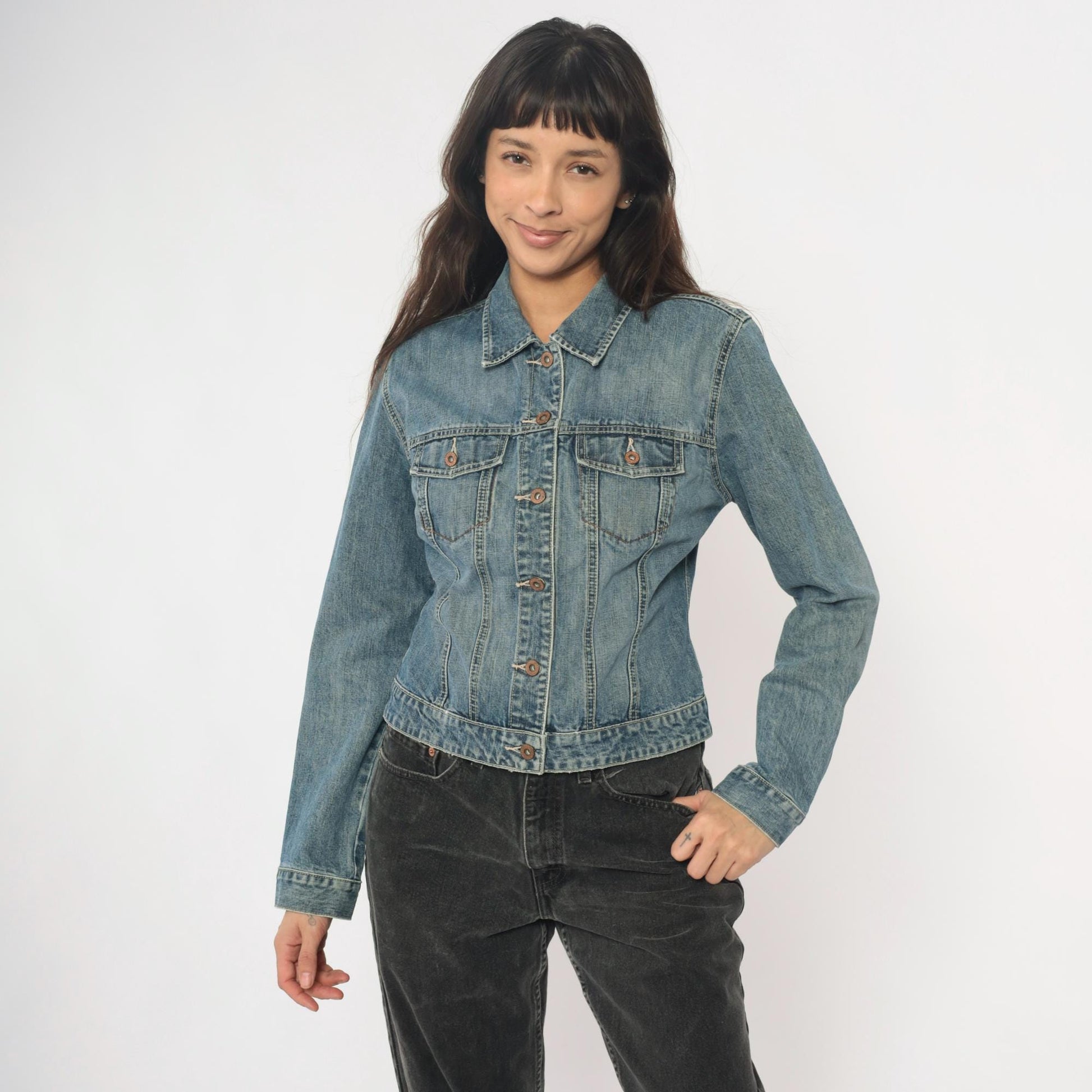 Y2K Gap Light Wash Denim Jacket Princess Seam Fitted Cropped Medium M