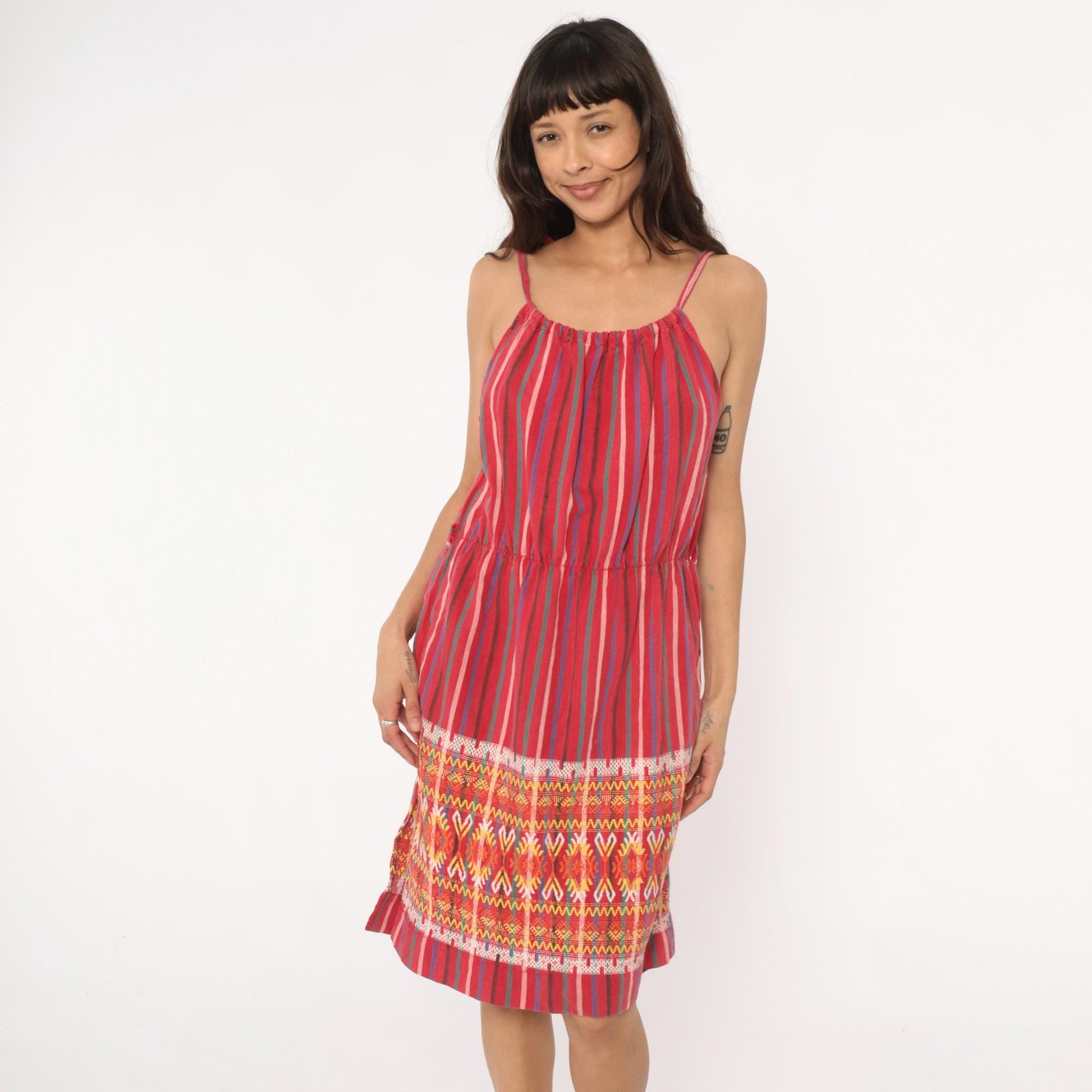 90s Red Striped Cotton Sundress Tribal Ikat Border Tie Strap Large