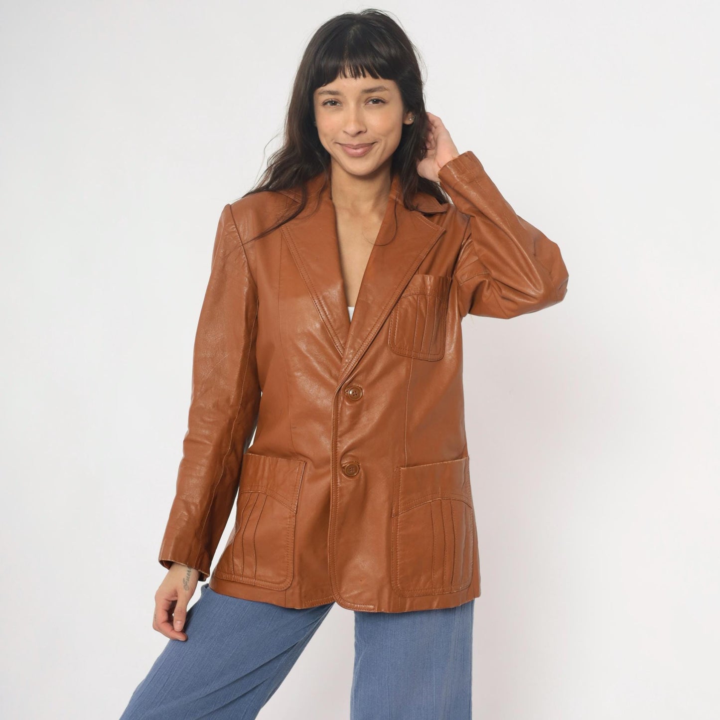 70s Leather of Distinction Tan Leather Blazer Notched Lapel Medium