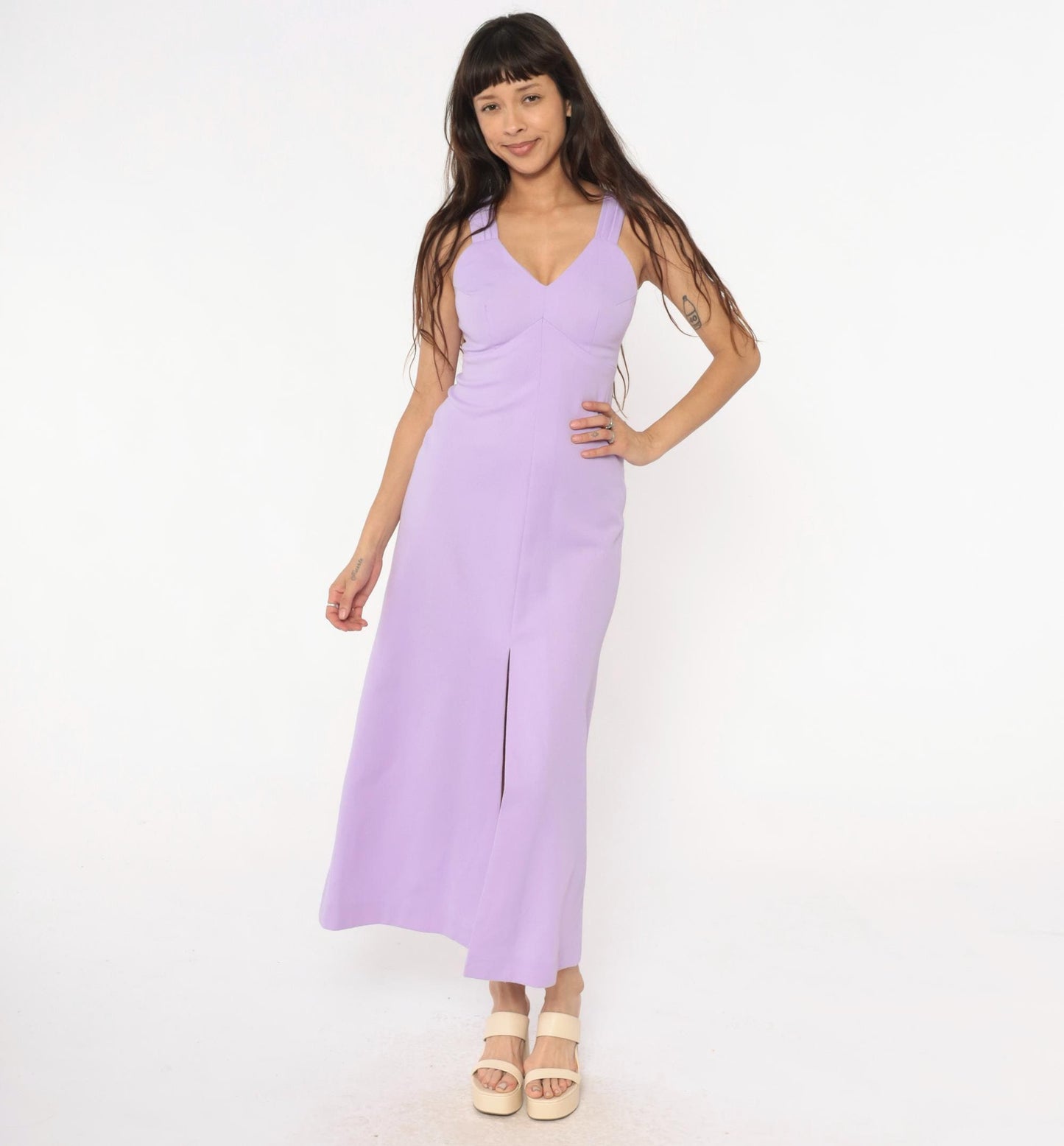 70s Lavender Maxi Dress Empire Waist Front Slit V-Neck Extra Small XS