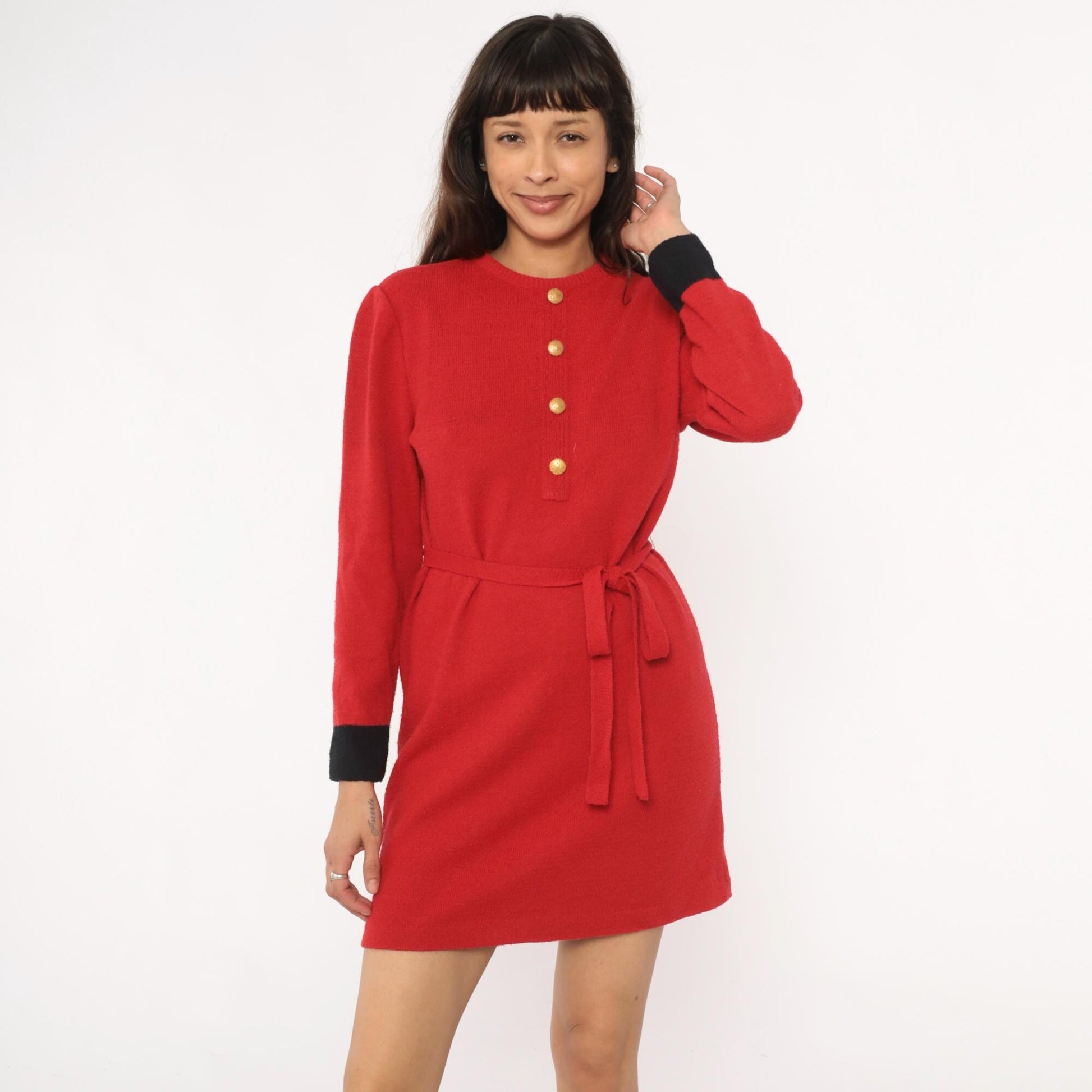 80s Castleberry Red Sweater Dress Gold Buttons Black Cuffs Tie Belt Medium