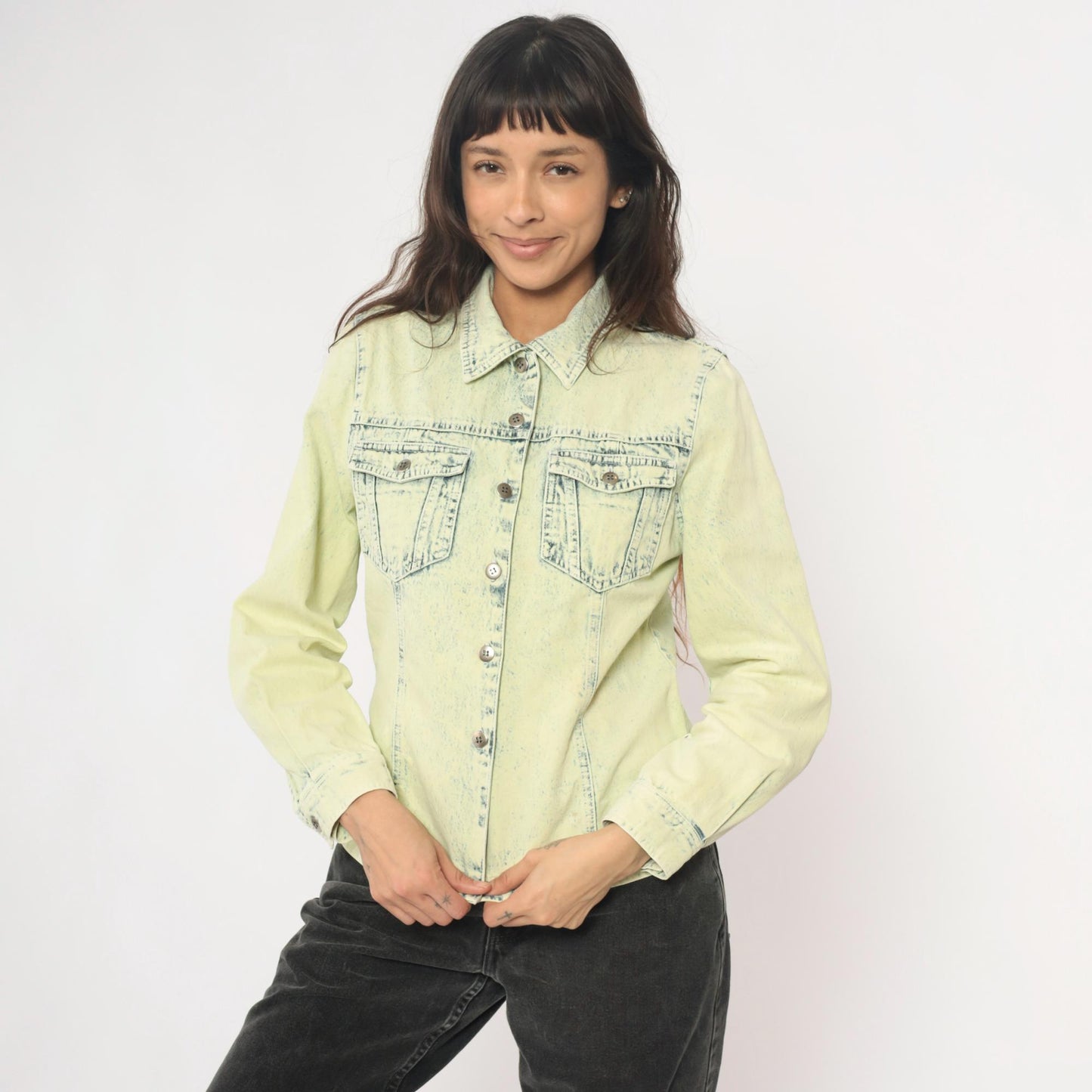 90s Get Together Acid Wash Denim Shirt Yellow Cotton Small