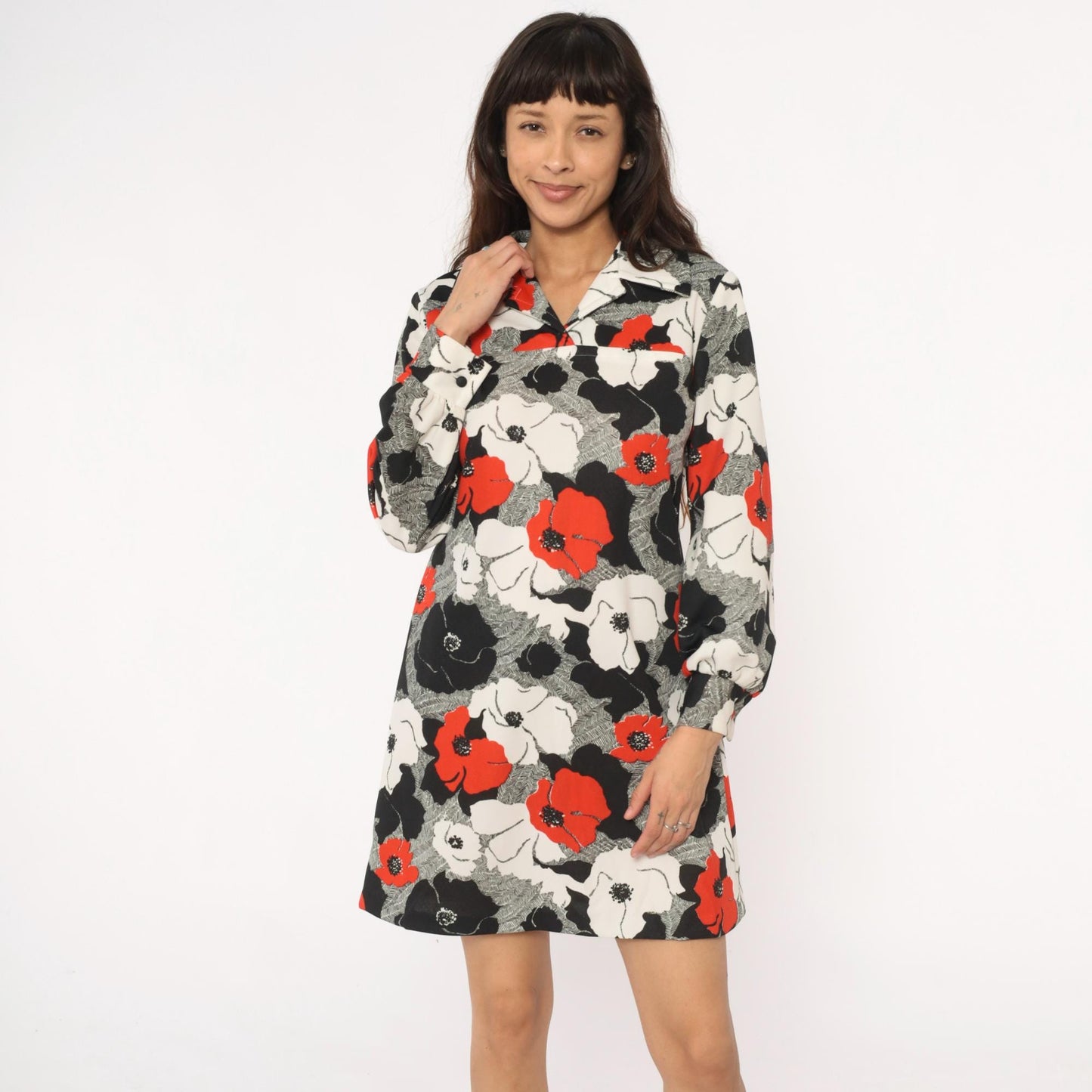 70s Floral Shift Dress Red Black White Poppy Print Collared Long Sleeve Large L