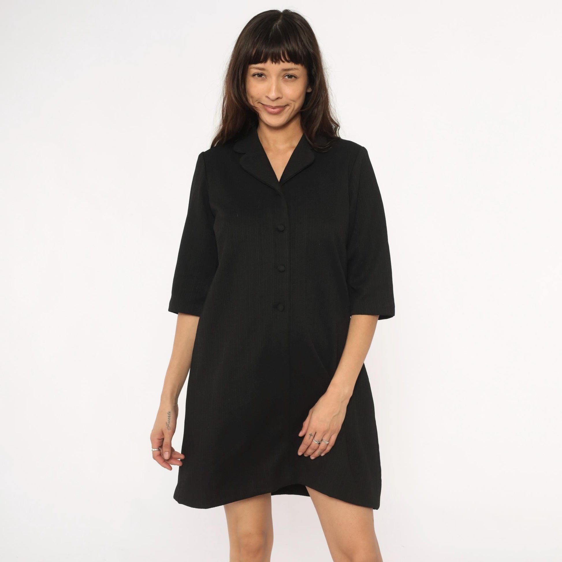 70s Black Shift Dress Button Front Lapel 3/4 Sleeve Knee Length Large