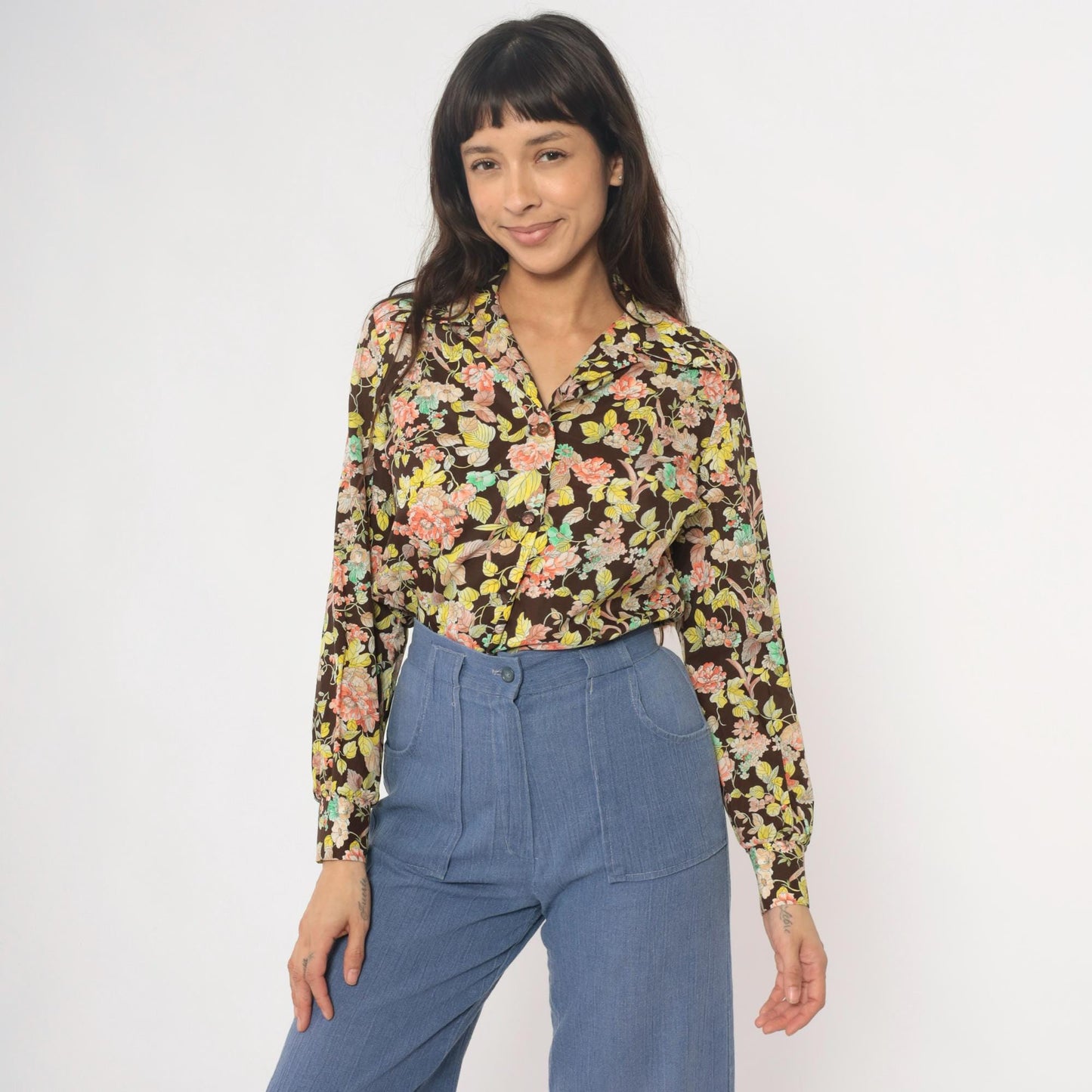 70s Pykettes Floral Blouse Brown Psychedelic Print Collared Long Sleeve Medium