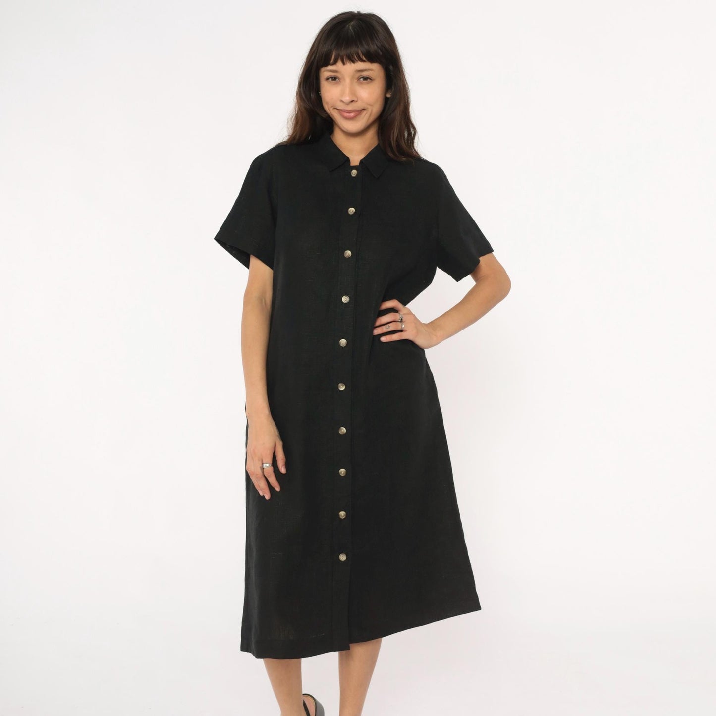 90s Harve Benard Black Linen Midi Shirt Dress Button Front Collar Large L