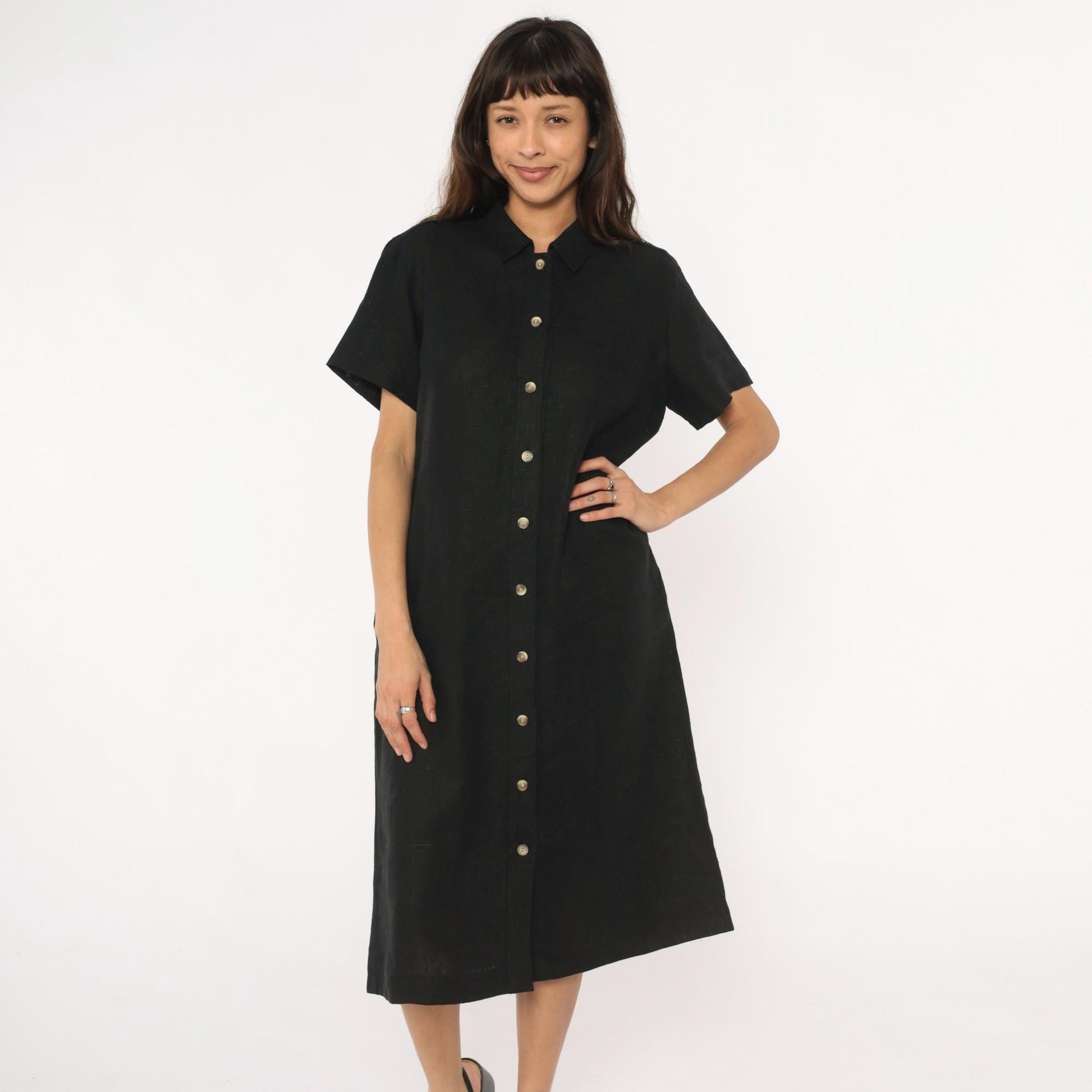 90s Harve Benard Black Linen Midi Shirt Dress Button Front Collar Large L