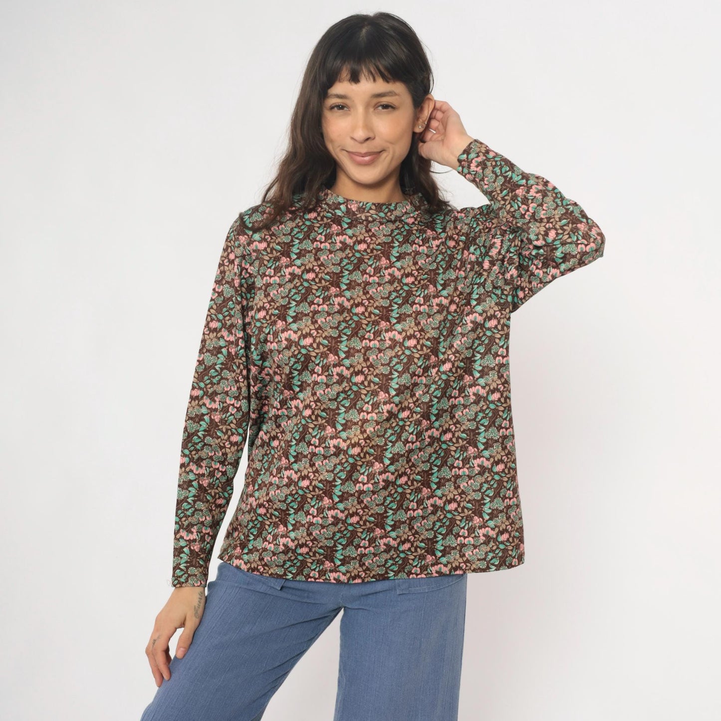 70s Floral Pullover Blouse Brown Pink Mint Crew Neck Long Sleeve Medium