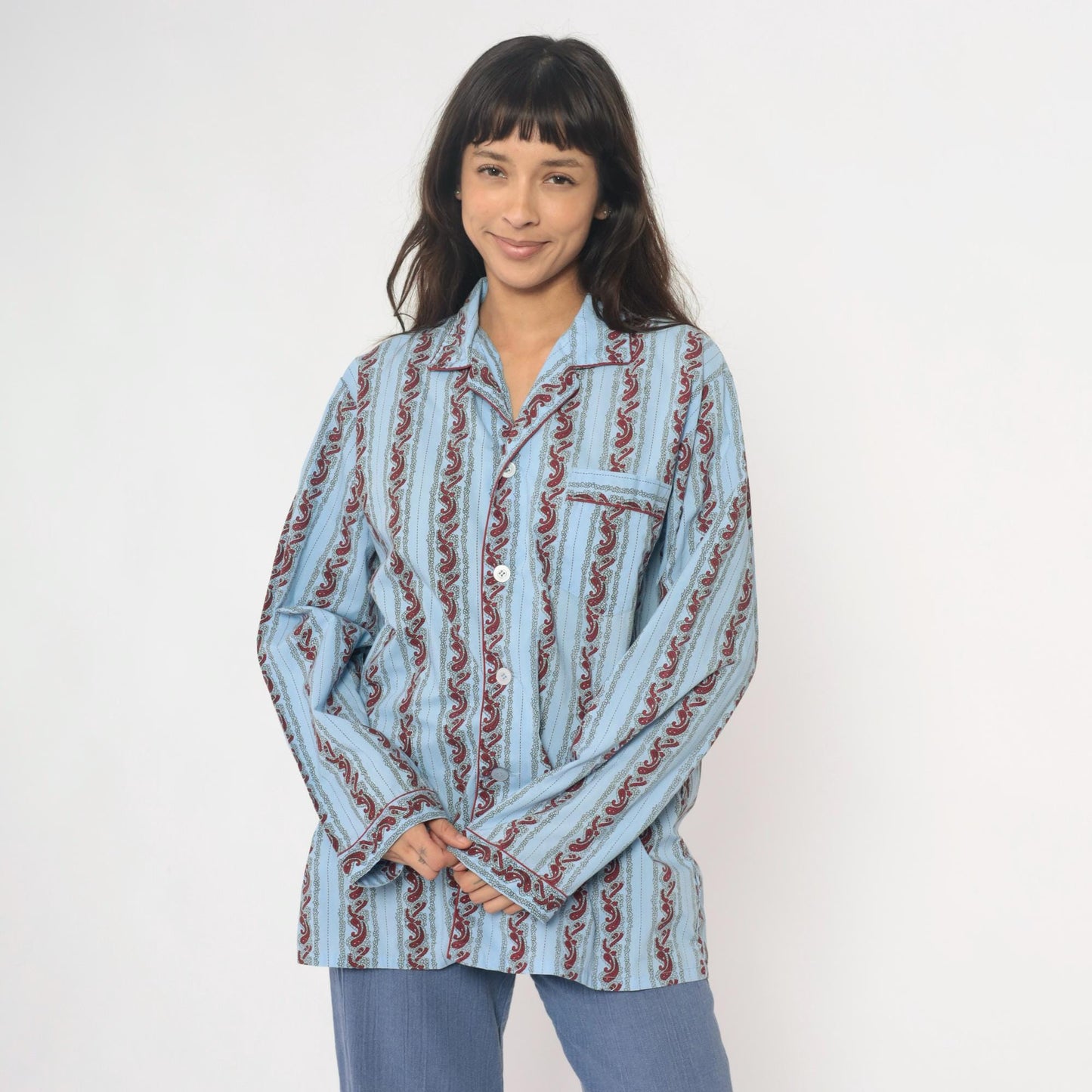 90s Paisley Stripe Pajama Shirt Light Blue Burgundy Cotton Notched Collar Large