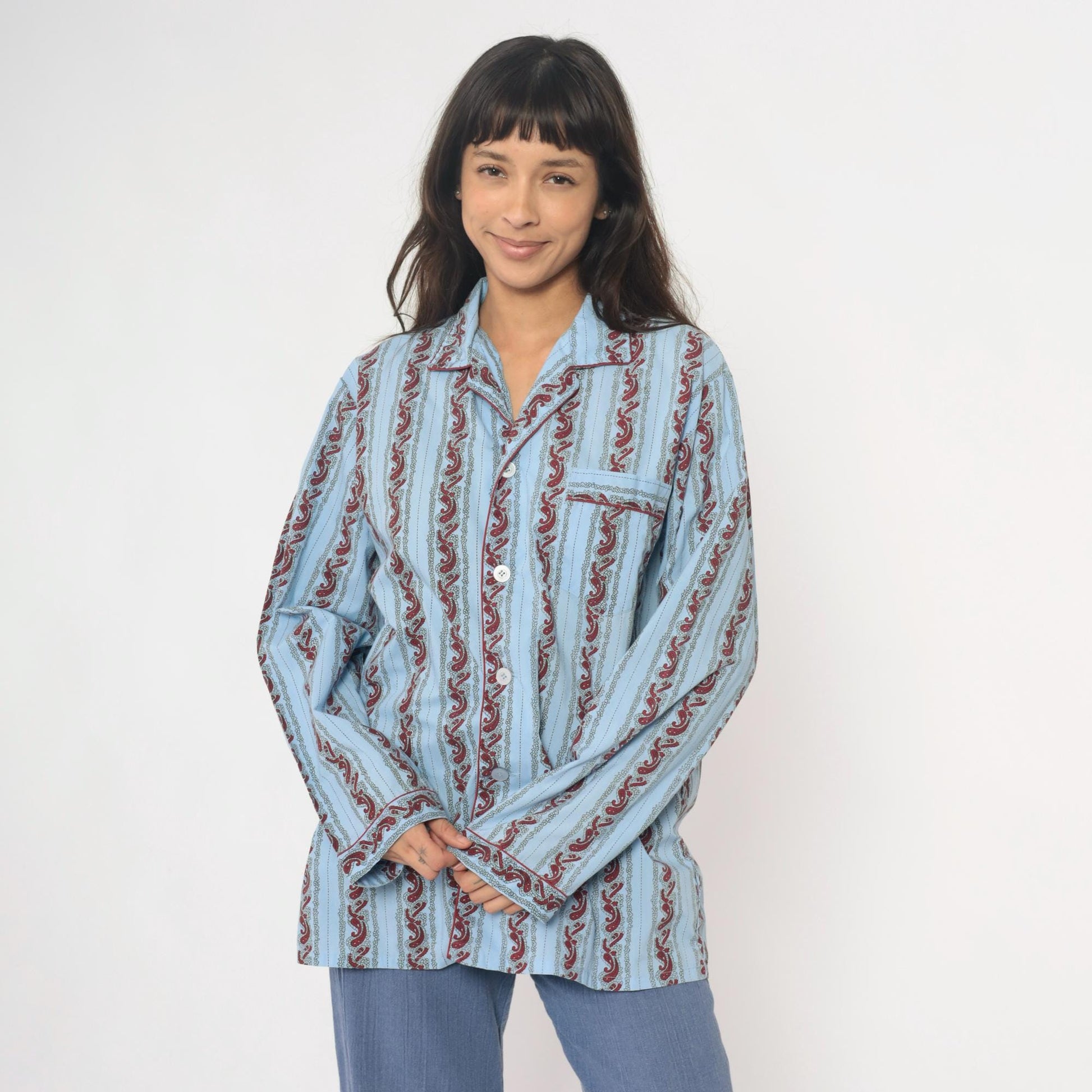 90s Paisley Stripe Pajama Shirt Light Blue Burgundy Cotton Notched Collar Large
