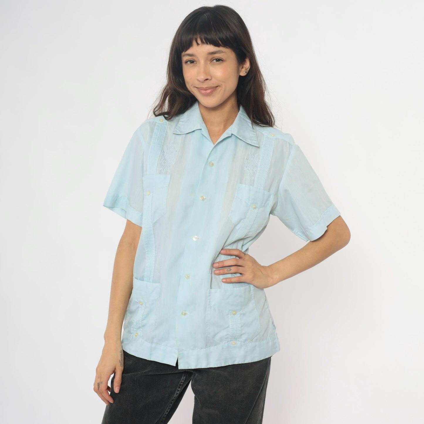 80s Light Blue Mexican Embroidered Pintuck Camp Collar Shirt Large L