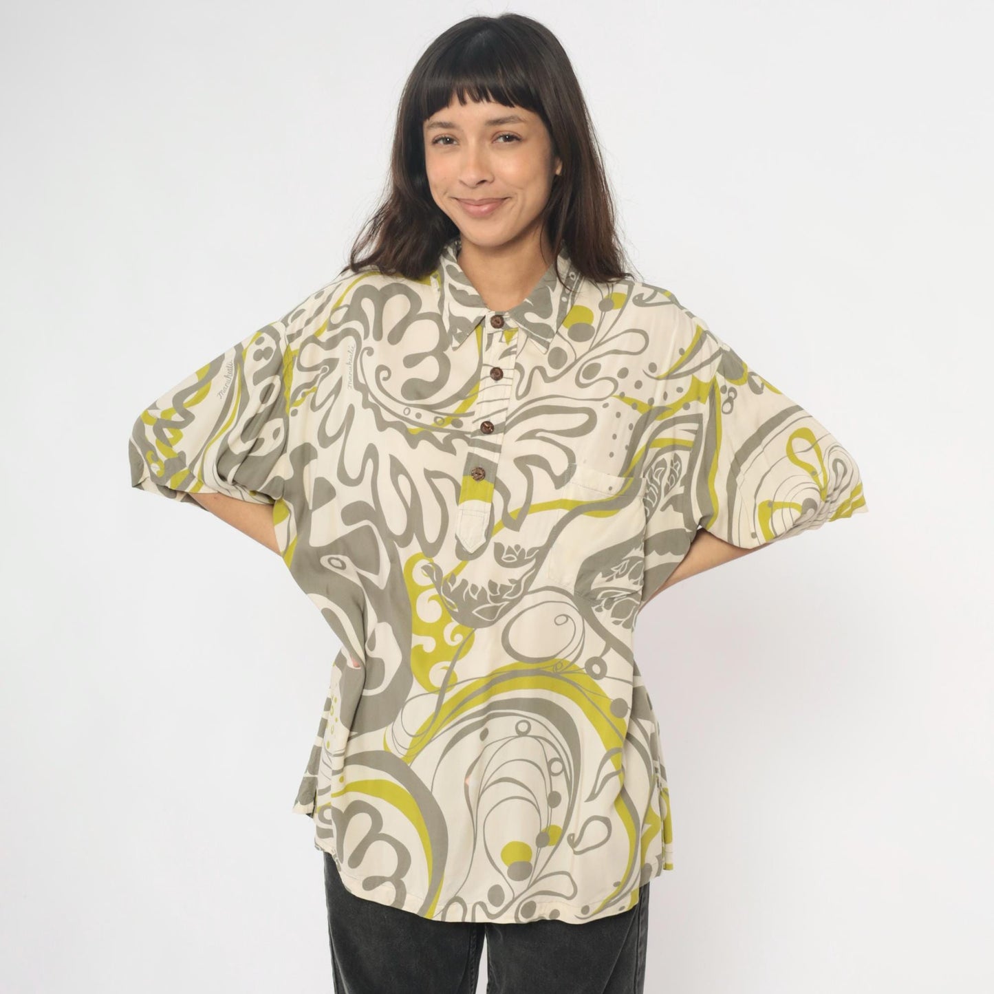 Y2K Manuhealii Psychedelic Swirl Shirt Cream Grey Chartreuse Extra Large XL
