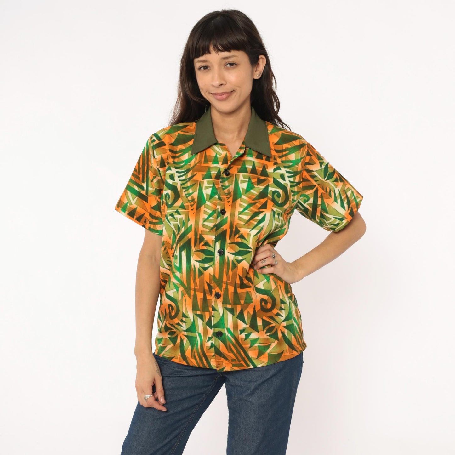 70s Psychedelic Geometric Print Shirt Orange Green Pointed Collar Medium M