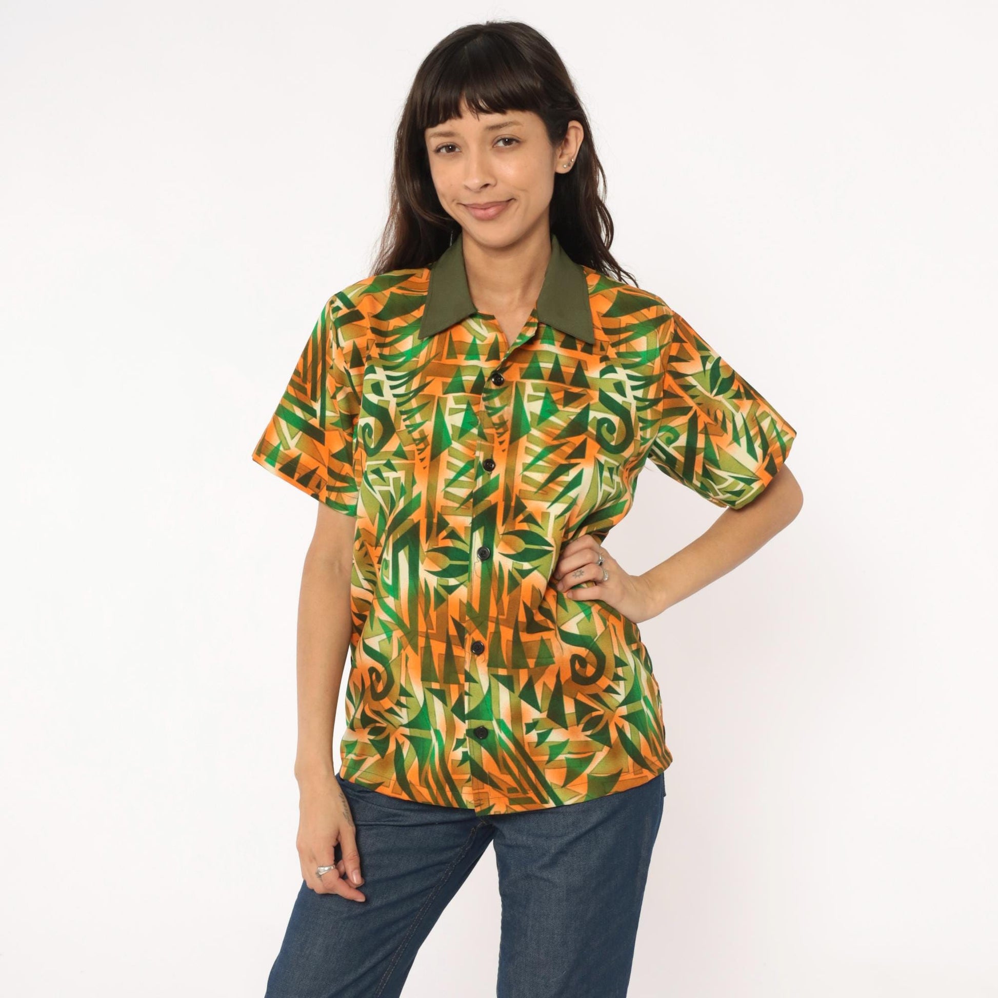 70s Psychedelic Geometric Print Shirt Orange Green Pointed Collar Medium M