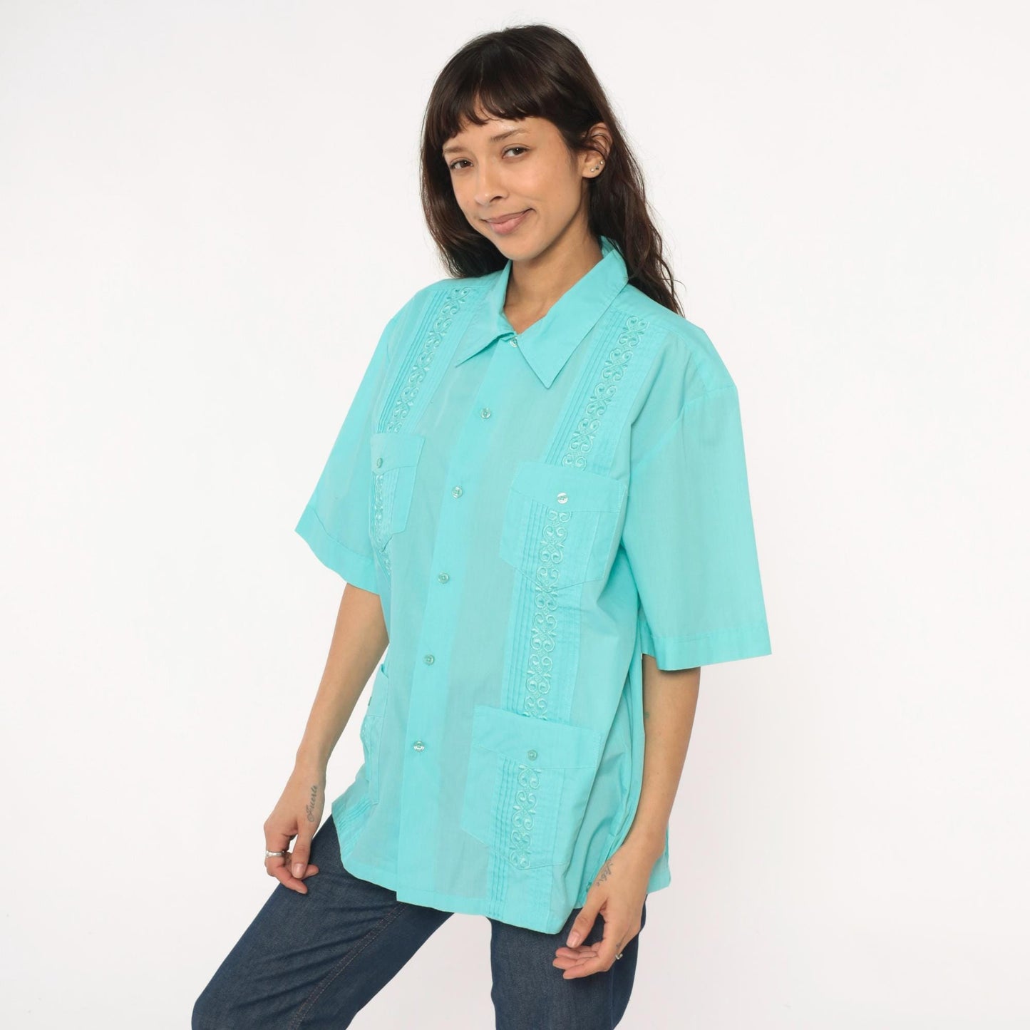 80s Tropicool Aqua Embroidered Pintuck Short Sleeve Shirt Medium