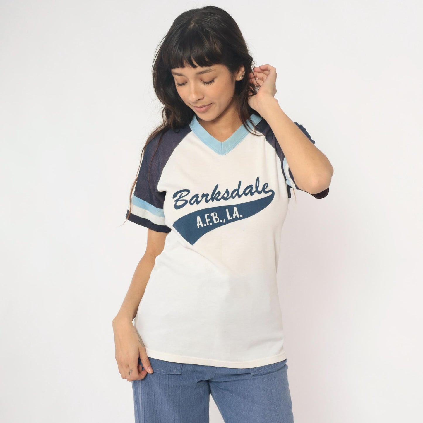 80s Barksdale A.F.B. Raglan Jersey Number 24 White Navy V-Neck Small