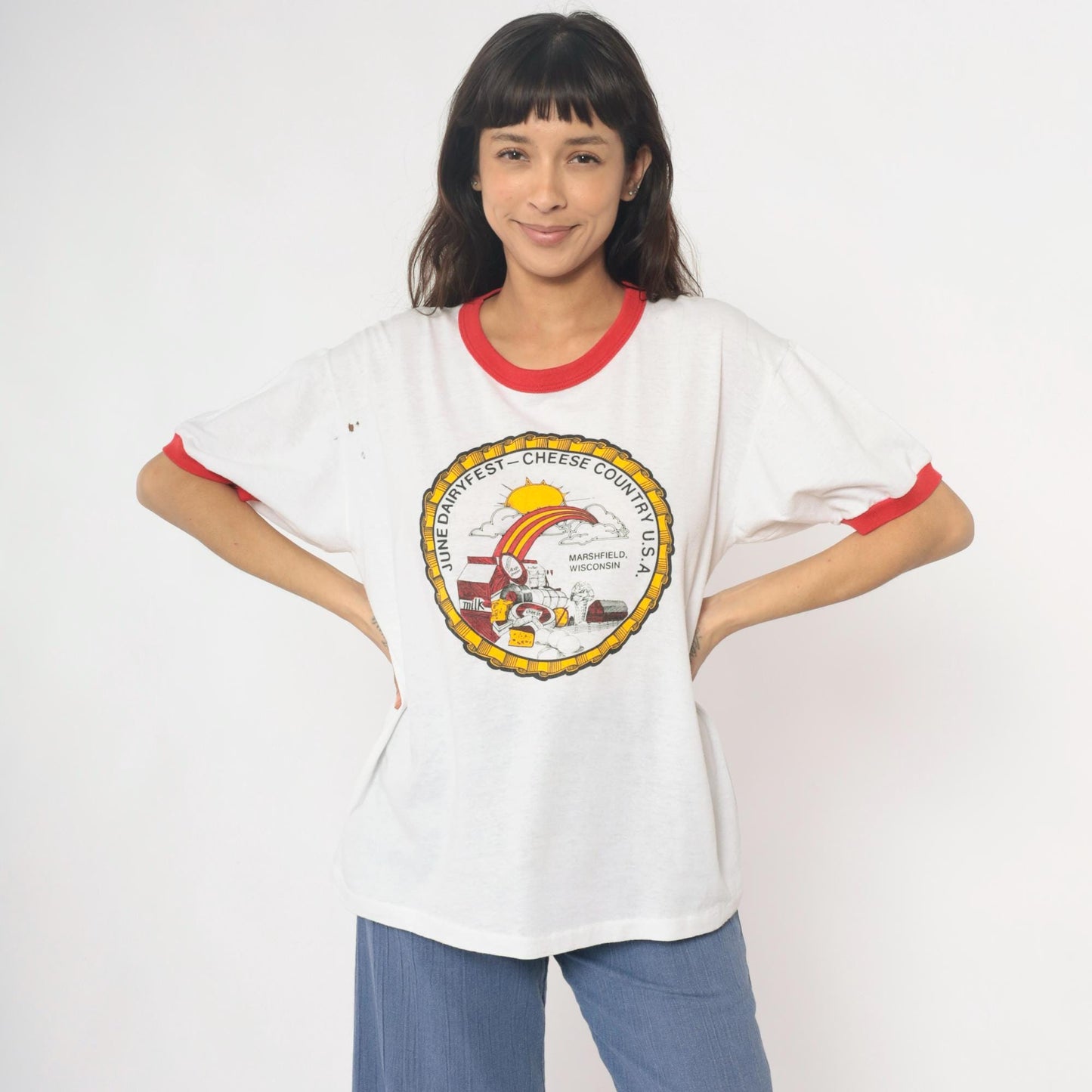 90s Russell Athletic Wisconsin Dairyfest Ringer Tee Red Trim Large L