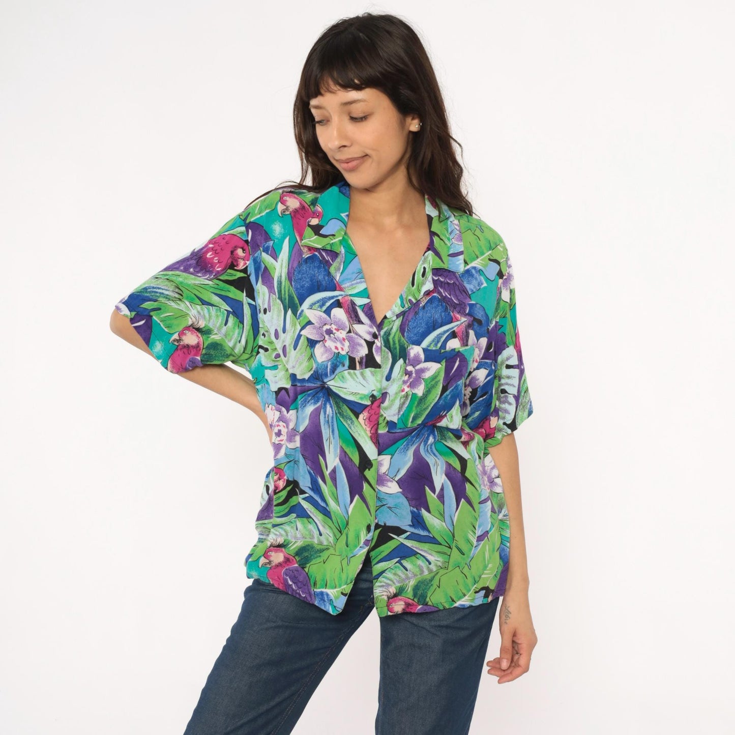 90s Spare Change California Tropical Parrot Rayon Shirt Turquoise Medium