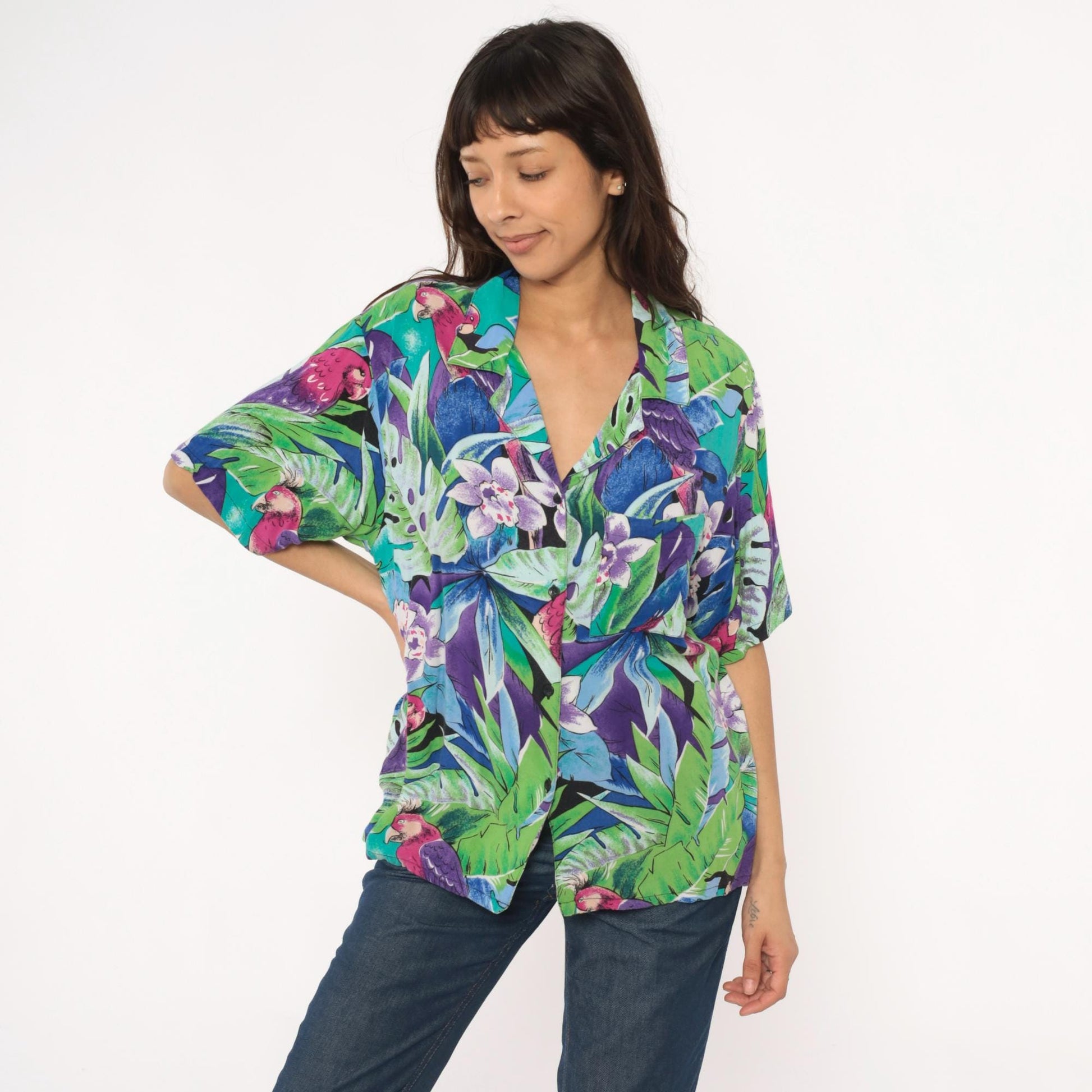 90s Spare Change California Tropical Parrot Rayon Shirt Turquoise Medium