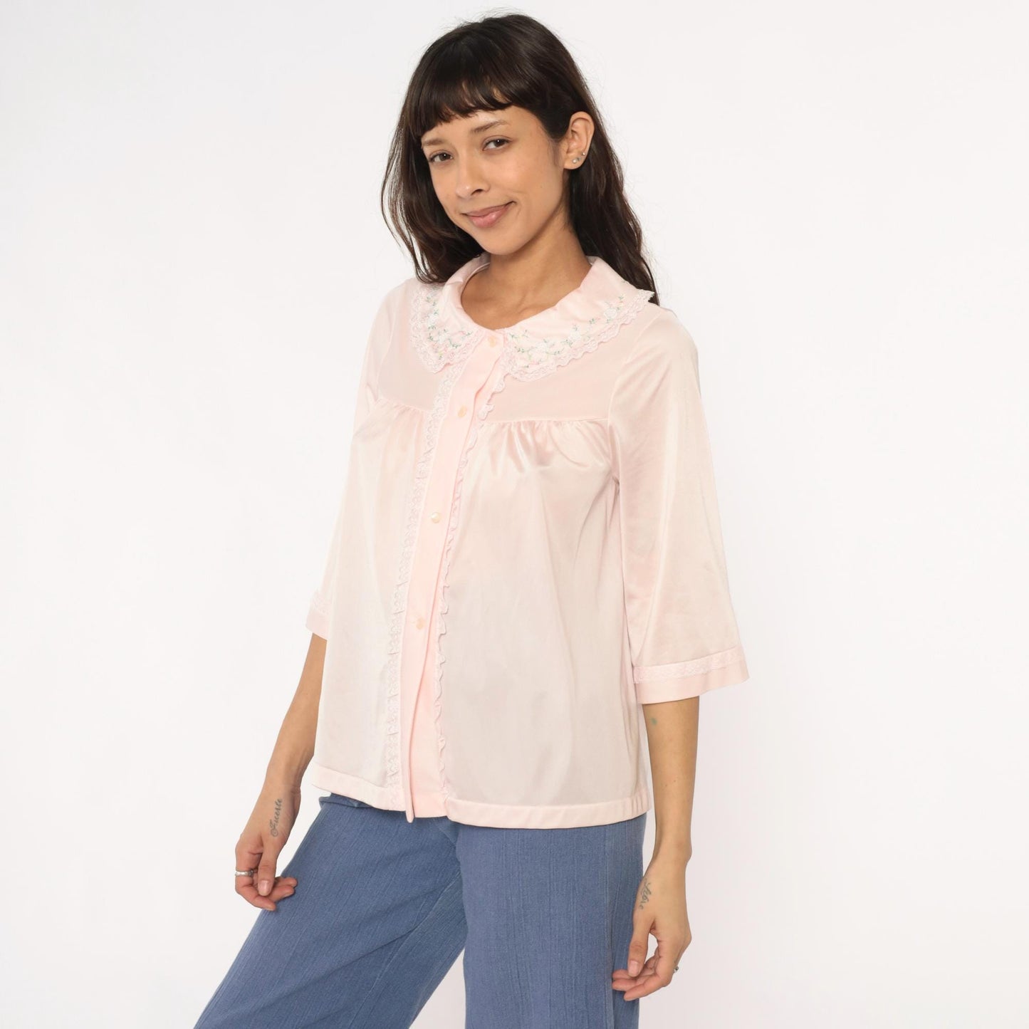 80s Shadowline Nylon Blouse Peter Pan Collar Embroidered Floral Pink Small